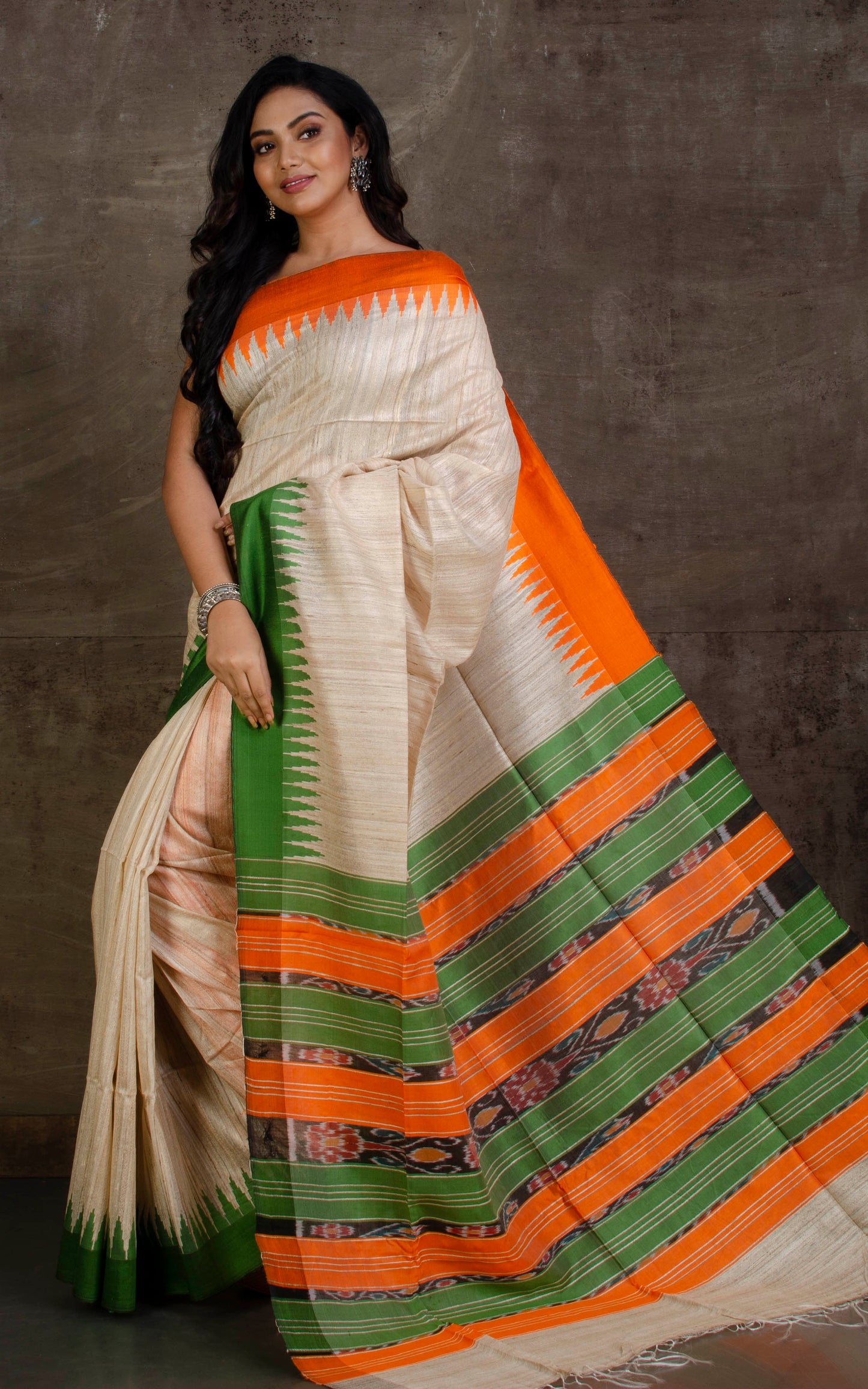 Handwoven Ganga Jamuna Border Tussar Silk Saree in Beige, Orange and Green