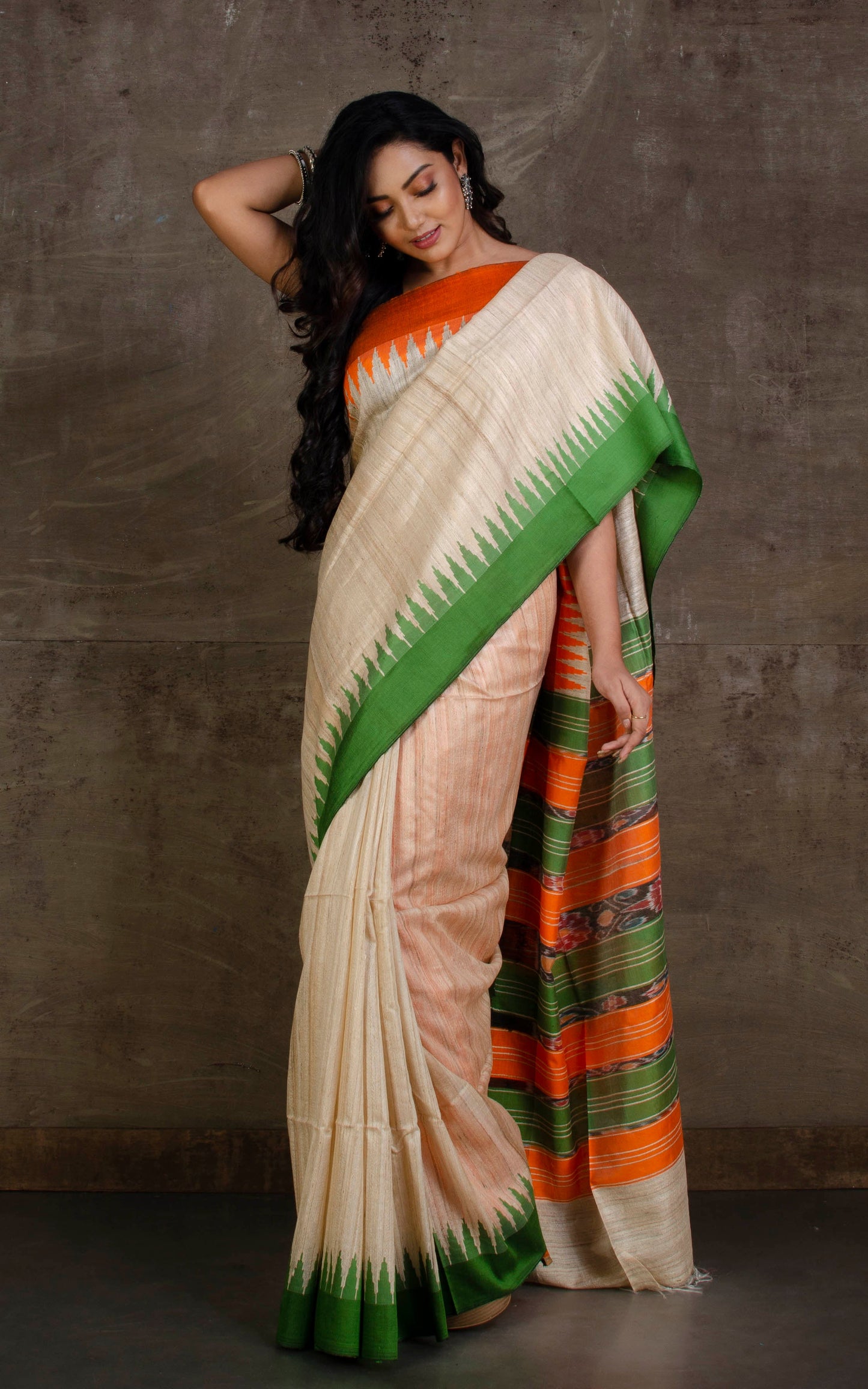 Handwoven Ganga Jamuna Border Tussar Silk Saree in Beige, Orange and Green