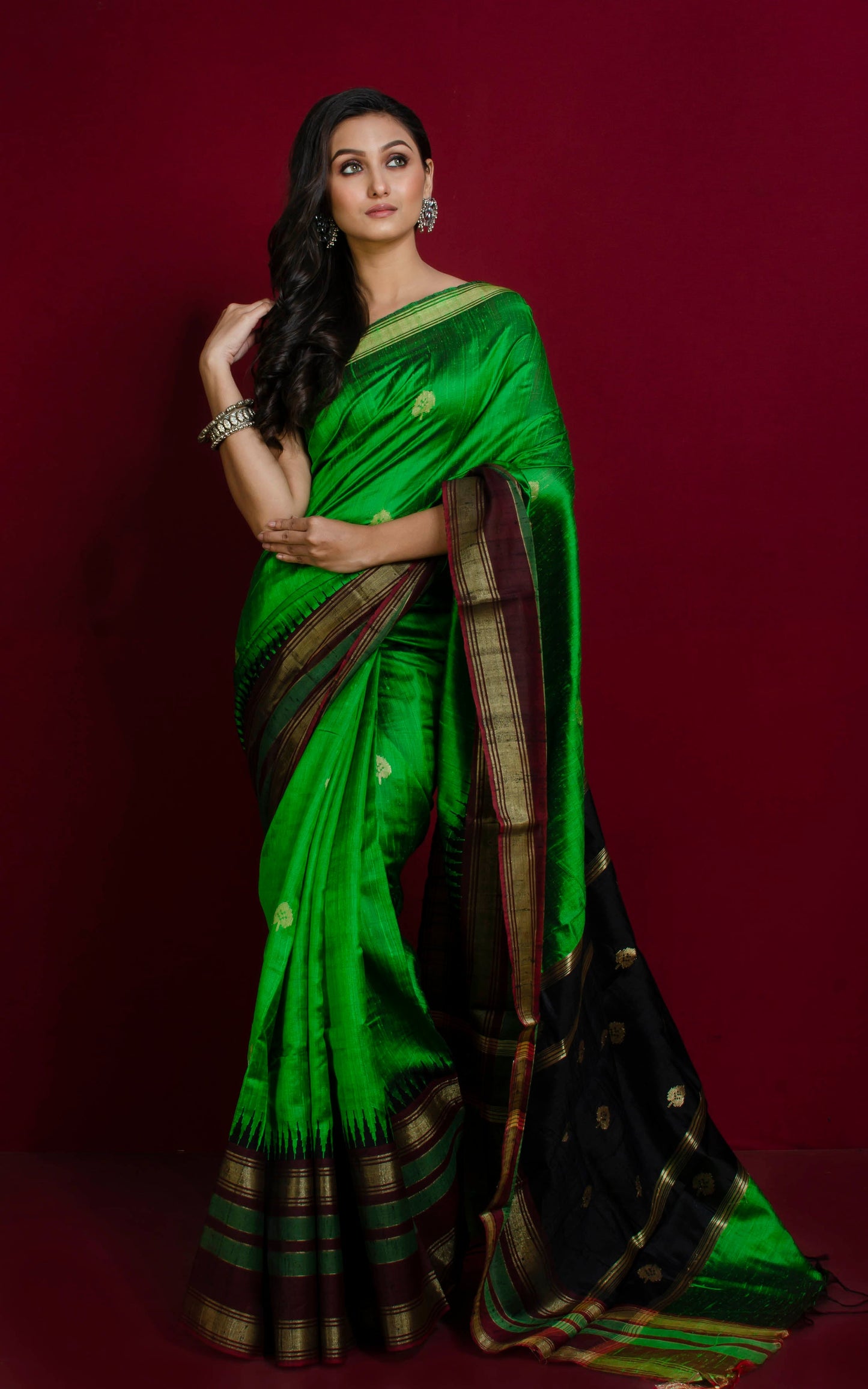 Soft Handwoven Tussar Raw Silk Saree in Forest Green, Mahogany Brown and Brush Gold with Rich Pallu