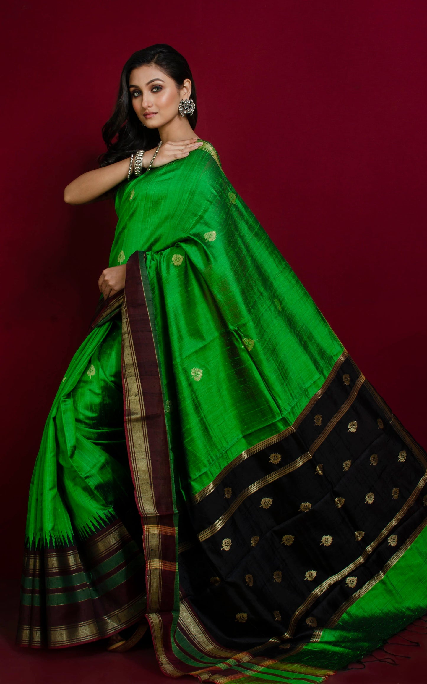 Soft Handwoven Tussar Raw Silk Saree in Forest Green, Mahogany Brown and Brush Gold with Rich Pallu