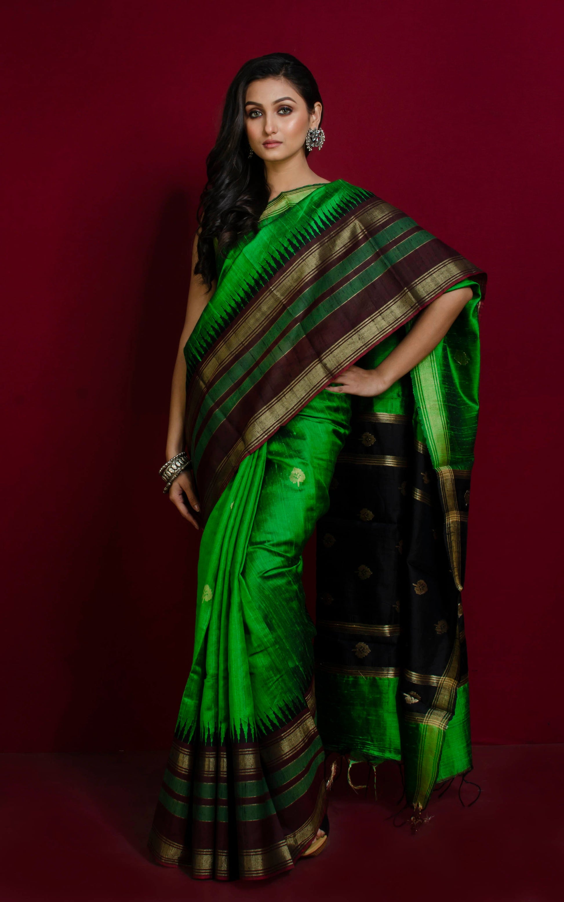 Soft Handwoven Tussar Raw Silk Saree in Forest Green, Mahogany Brown and Brush Gold with Rich Pallu