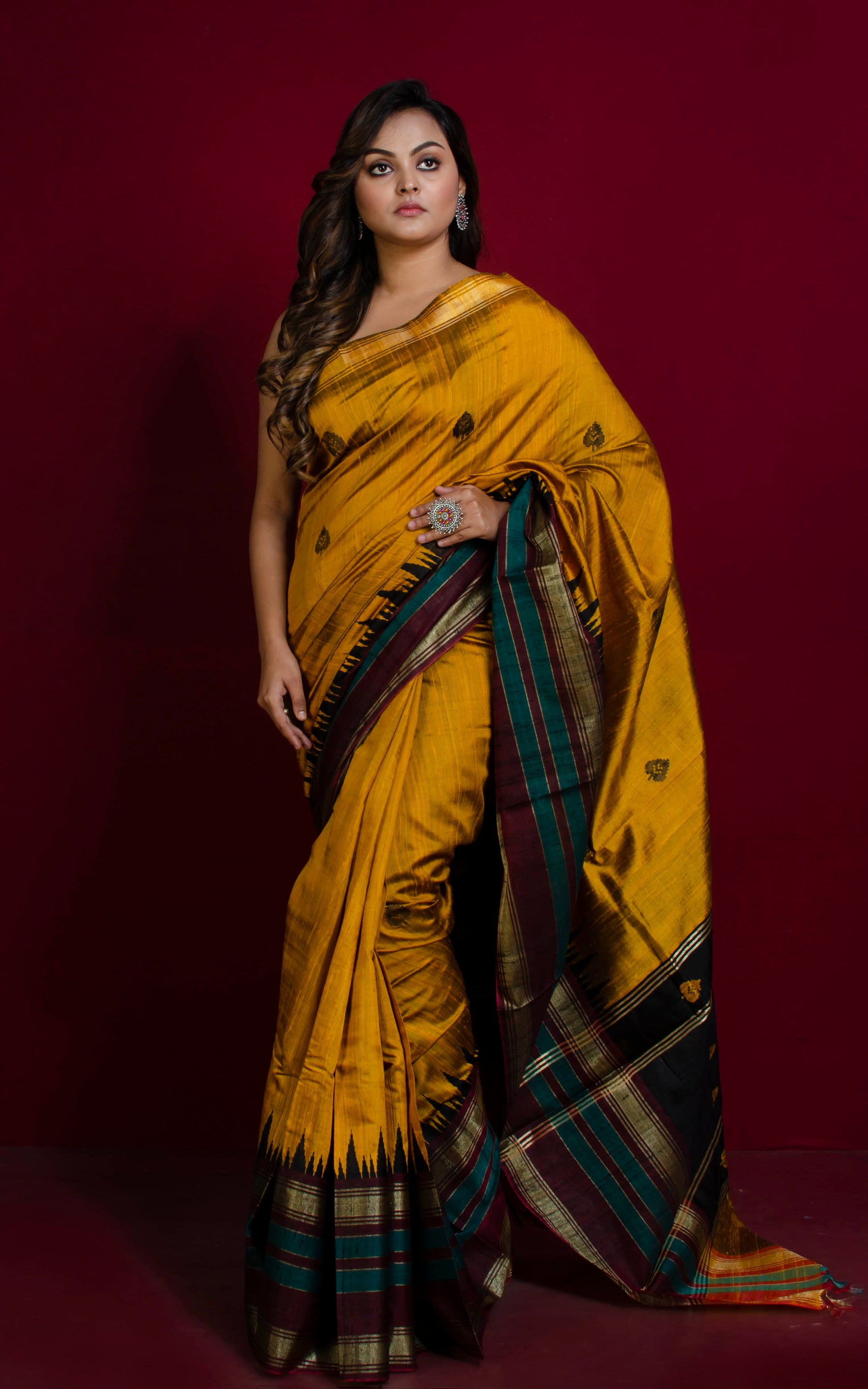 Soft Handwoven Tussar Raw Silk Saree in Mustard Golden, Mahogany Brown, Teal, Black and Brush Gold with Rich Pallu