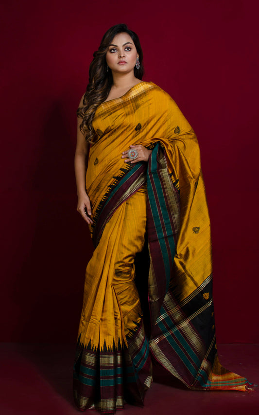 Soft Handwoven Tussar Raw Silk Saree in Mustard Golden, Mahogany Brown, Teal, Black and Brush Gold with Rich Pallu