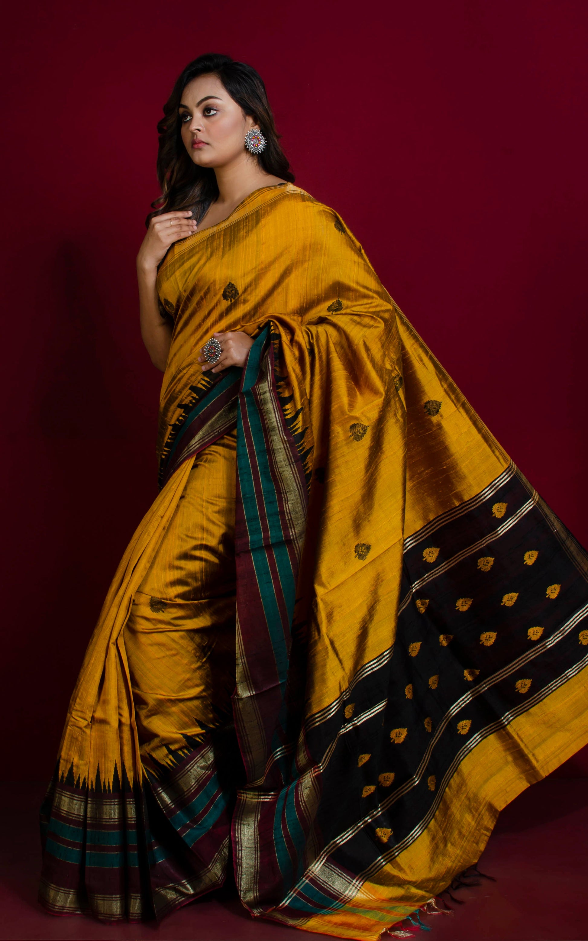 Soft Handwoven Tussar Raw Silk Saree in Mustard Golden, Mahogany Brown, Teal, Black and Brush Gold with Rich Pallu