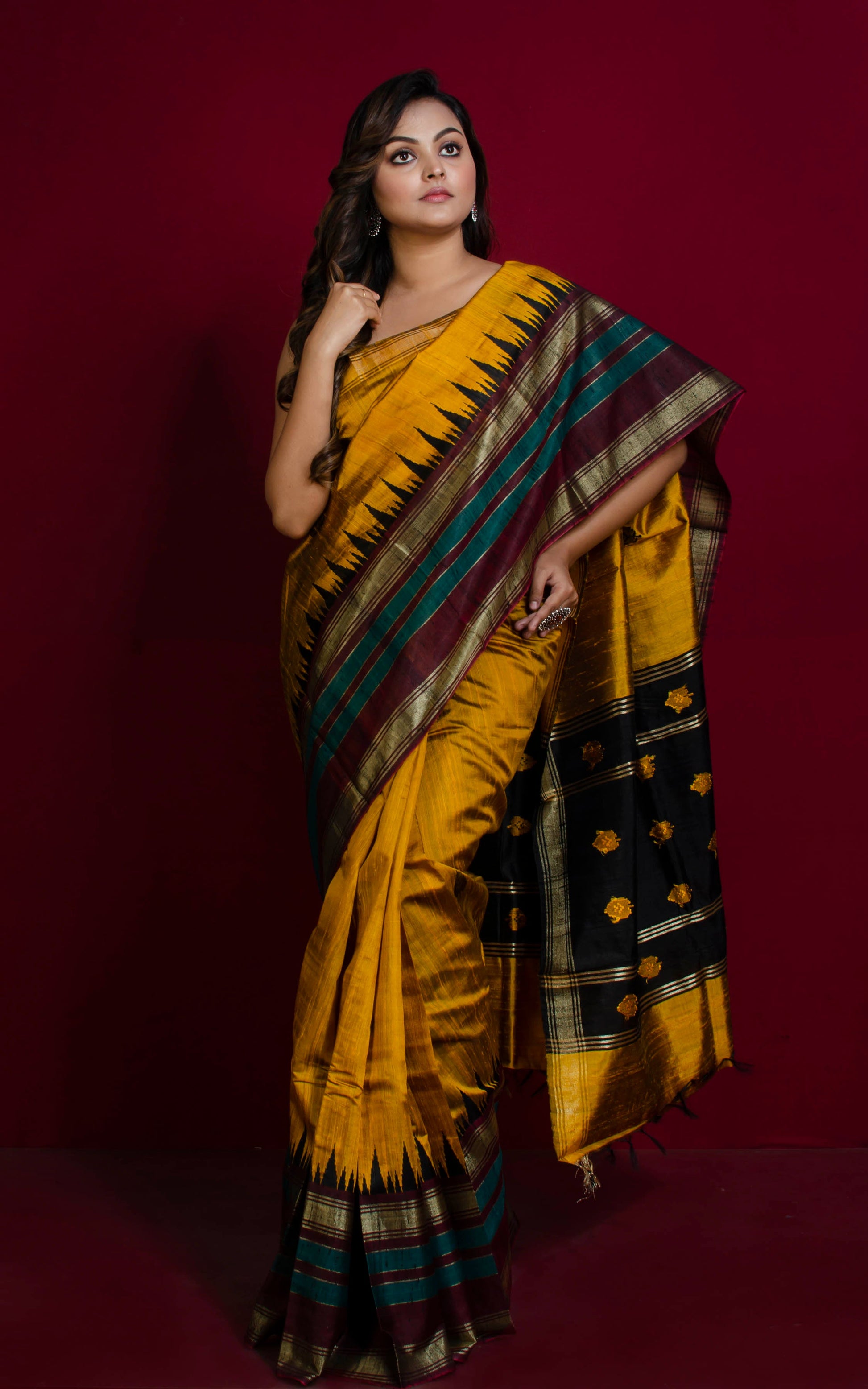 Soft Handwoven Tussar Raw Silk Saree in Mustard Golden, Mahogany Brown, Teal, Black and Brush Gold with Rich Pallu