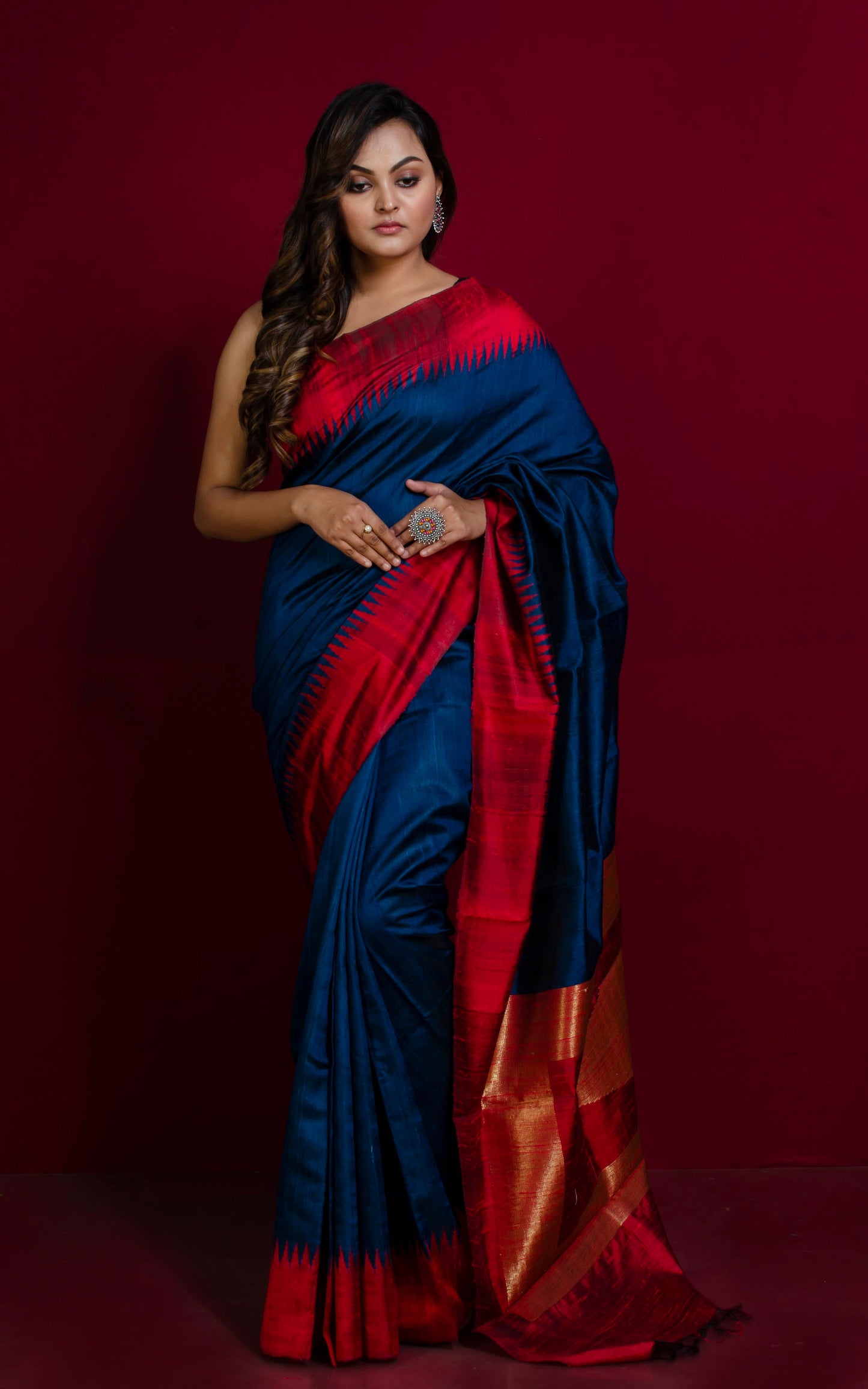 Handwoven Tussar Raw Silk Saree in Dark Cyan and Red with Rich Pallu