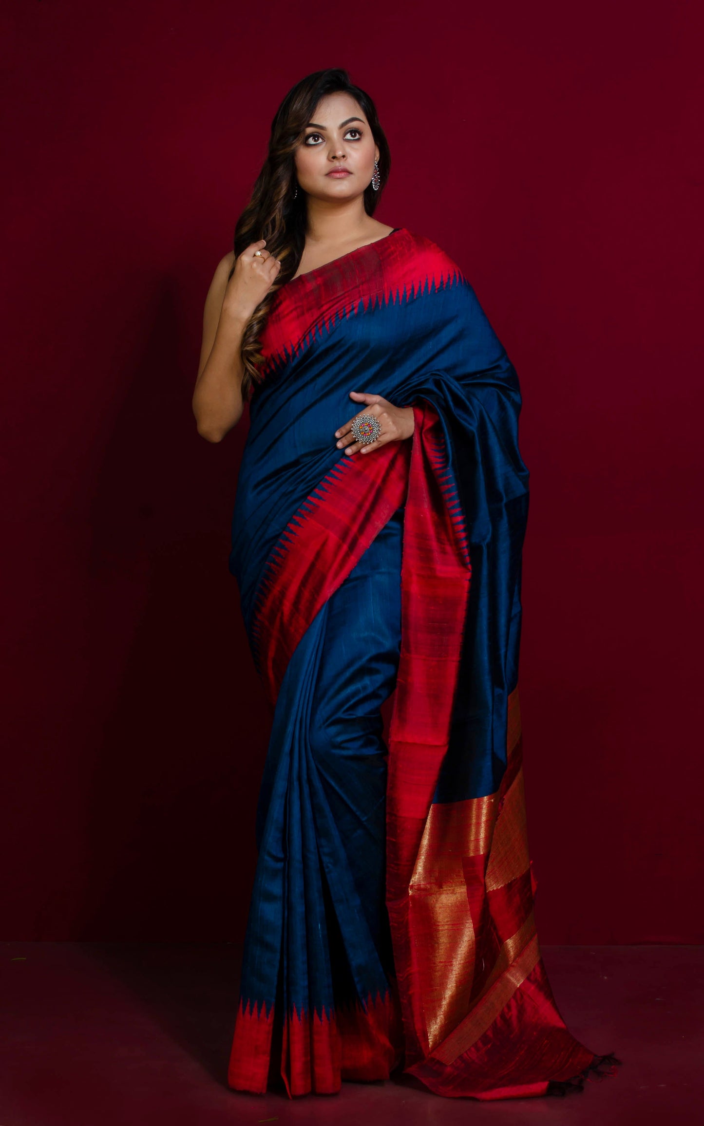 Handwoven Tussar Raw Silk Saree in Dark Cyan and Red with Rich Pallu