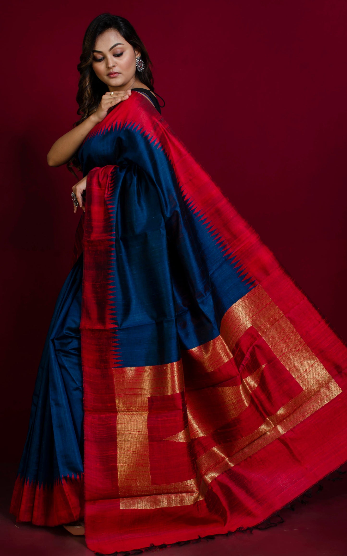 Handwoven Tussar Raw Silk Saree in Dark Cyan and Red with Rich Pallu