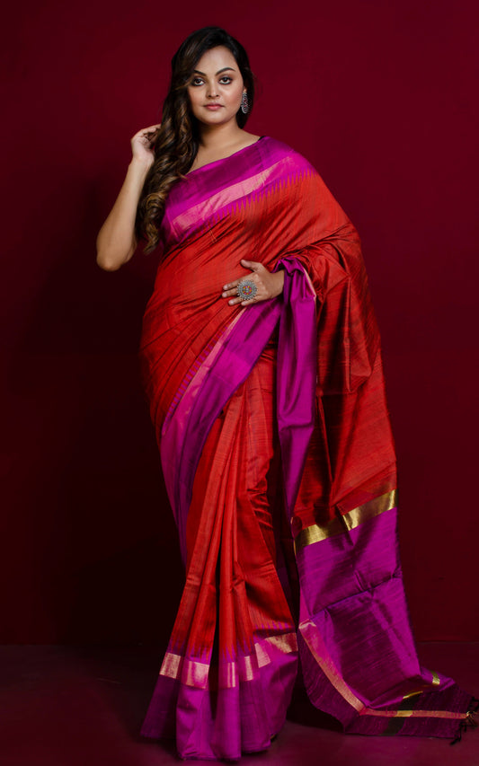 Handwoven Tussar Raw Silk Saree in Scarlet Red, Purple and Gold with Rich Pallu