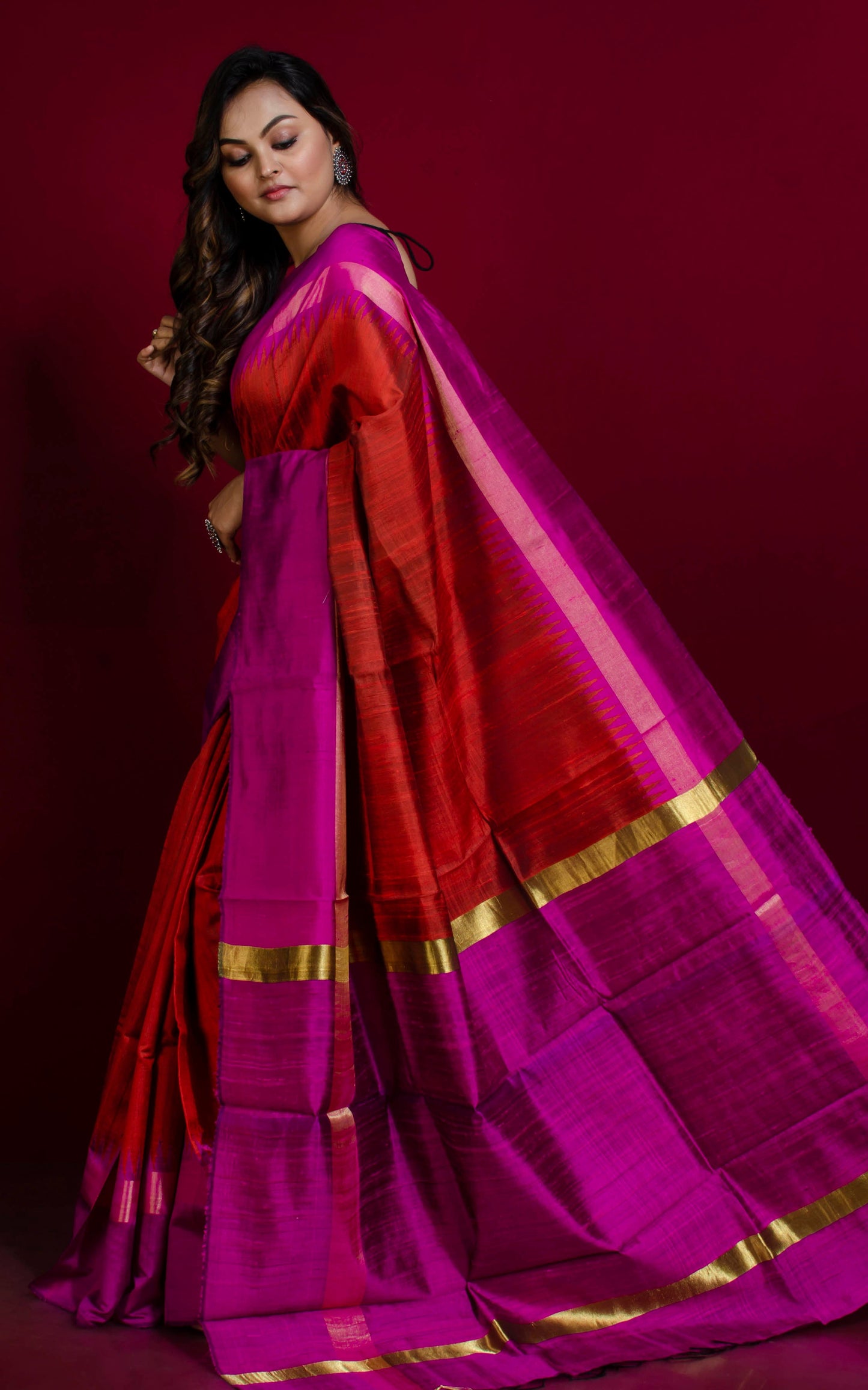 Handwoven Tussar Raw Silk Saree in Scarlet Red, Purple and Gold with Rich Pallu