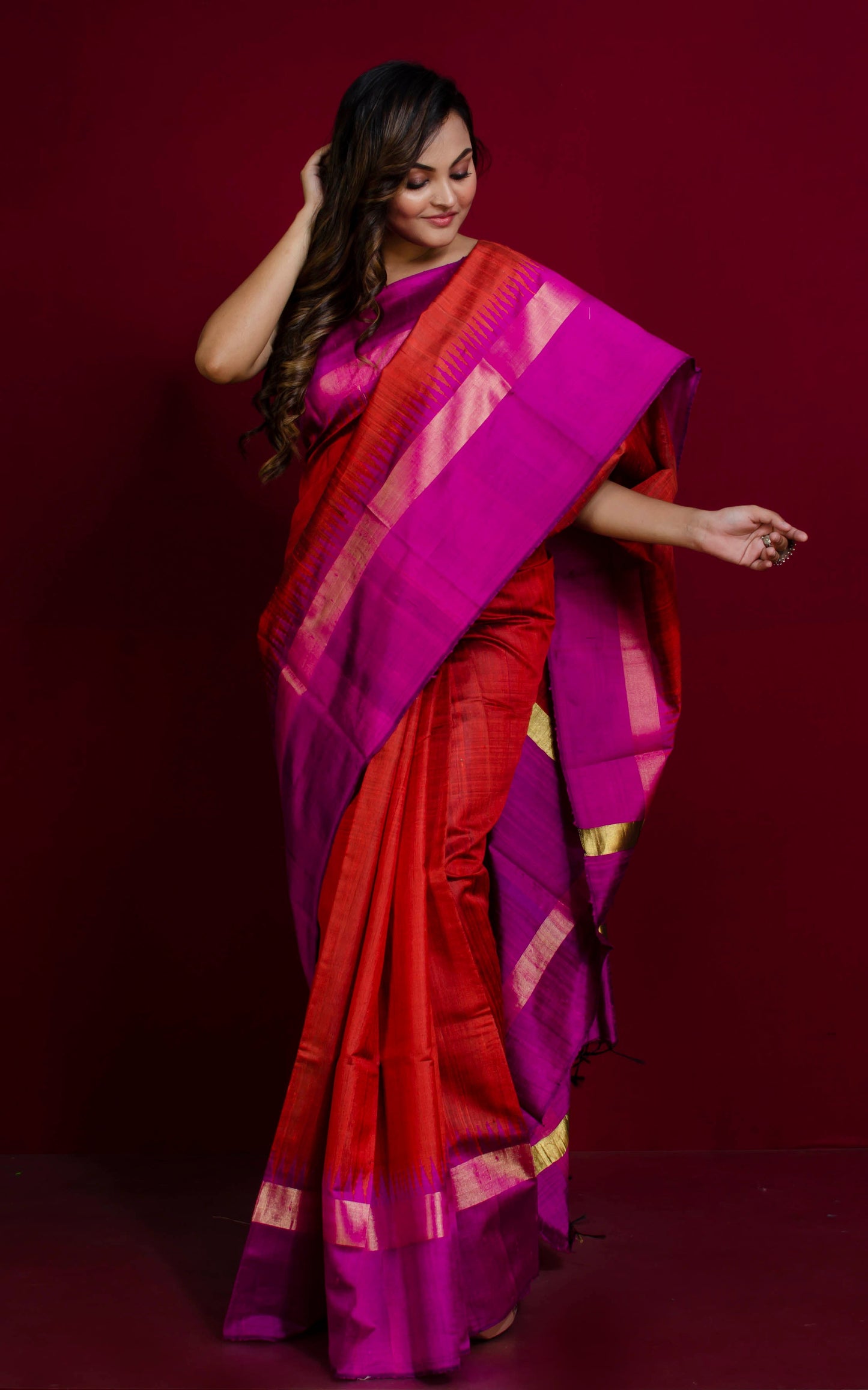 Handwoven Tussar Raw Silk Saree in Scarlet Red, Purple and Gold with Rich Pallu