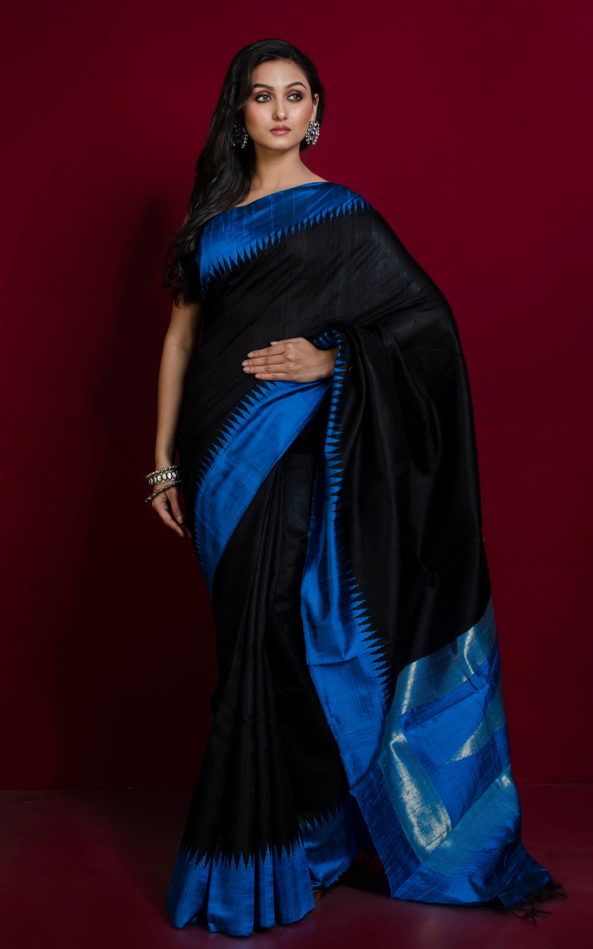 Handwoven Tussar Raw Silk Saree in Black and Cobalt Blue with Rich Pallu