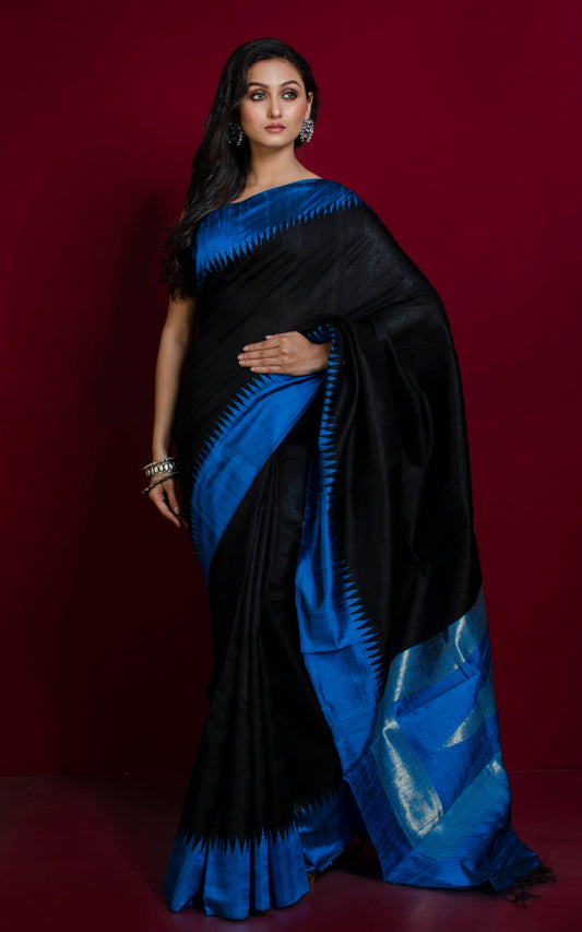 Handwoven Tussar Raw Silk Saree in Black and Cobalt Blue with Rich Pallu