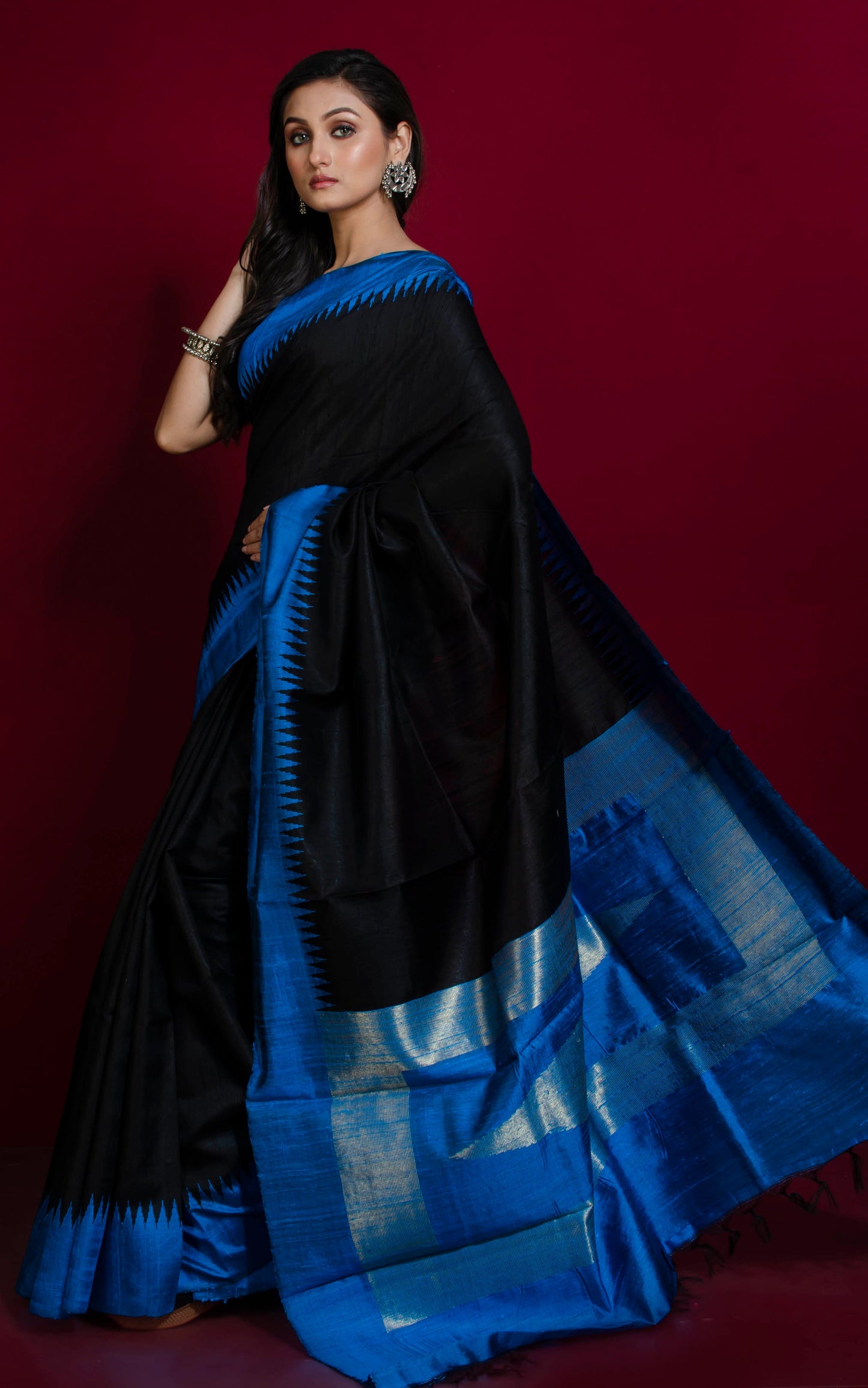 Handwoven Tussar Raw Silk Saree in Black and Cobalt Blue with Rich Pallu