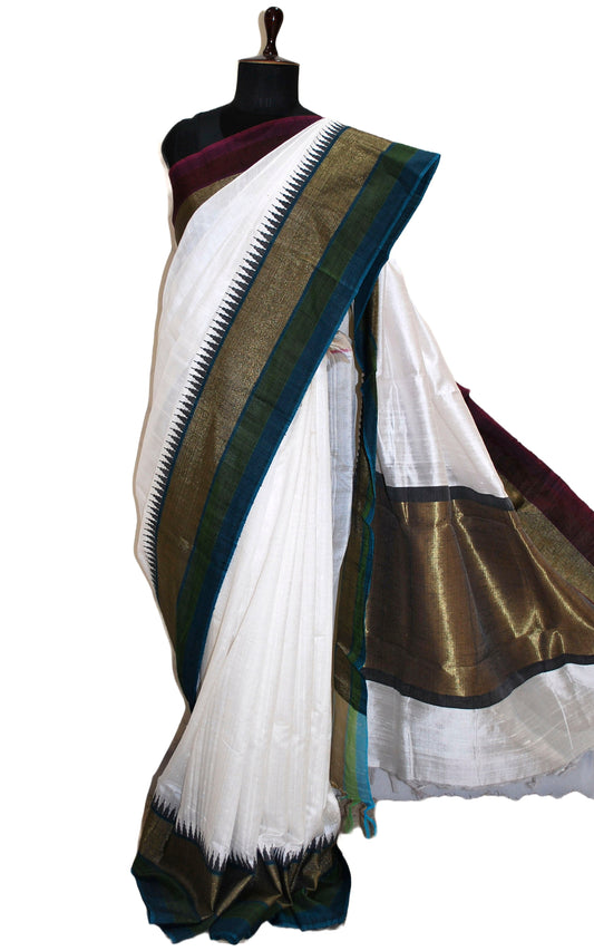 Metro Temple Border Handwoven Tussar Raw Silk Saree in White, Garnet, Dark Teal and Matt Gold with Rich Pallu