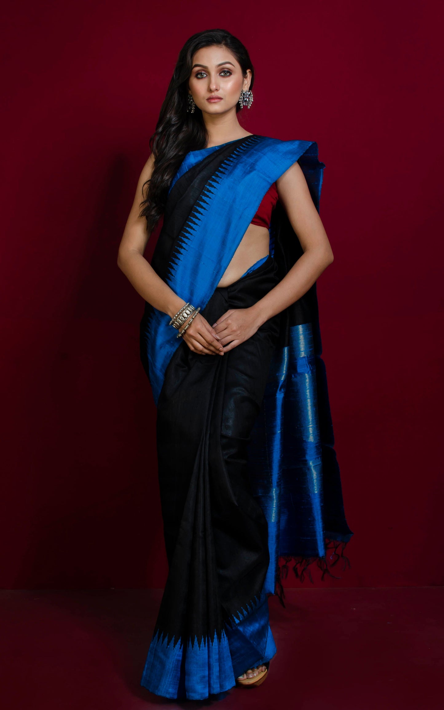 Handwoven Tussar Raw Silk Saree in Black and Cobalt Blue with Rich Pallu