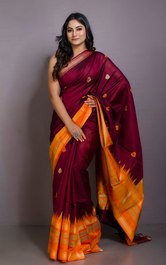 Soft Handwoven Tussar Raw Silk Saree in Maroon, Sunset Orange and Brush Gold with Rich Pallu