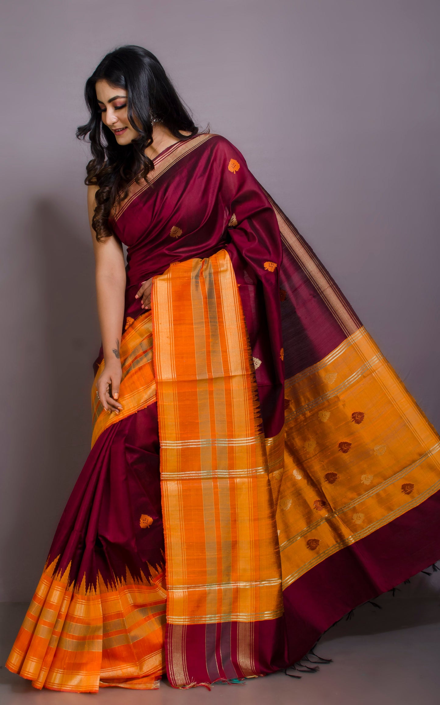 Soft Handwoven Tussar Raw Silk Saree in Maroon, Sunset Orange and Brush Gold with Rich Pallu