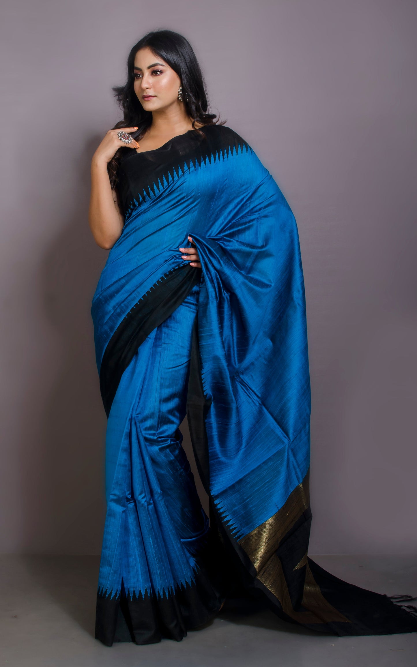 Handwoven Tussar Raw Silk Saree in Sapphire Blue and Black with Rich Pallu