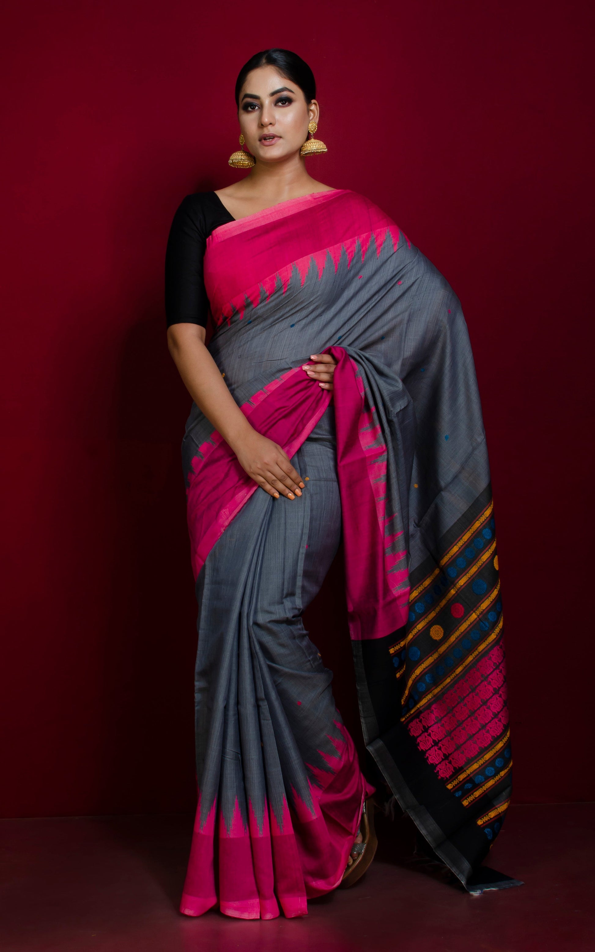 Dolabedi Tussar Silk Saree in Slate Grey, Hot Pink and Multicolored Thread Work