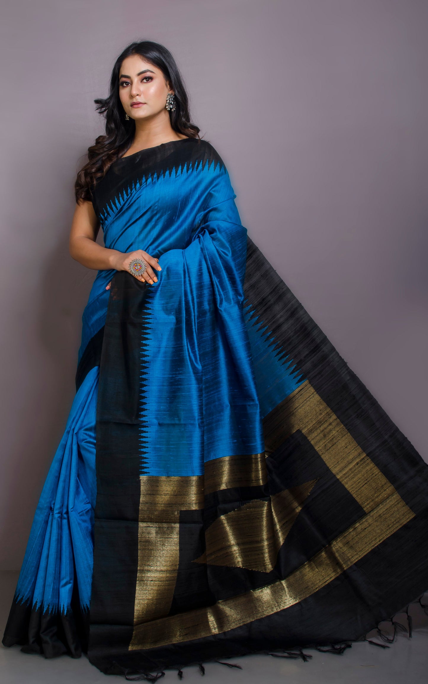 Handwoven Tussar Raw Silk Saree in Sapphire Blue and Black with Rich Pallu