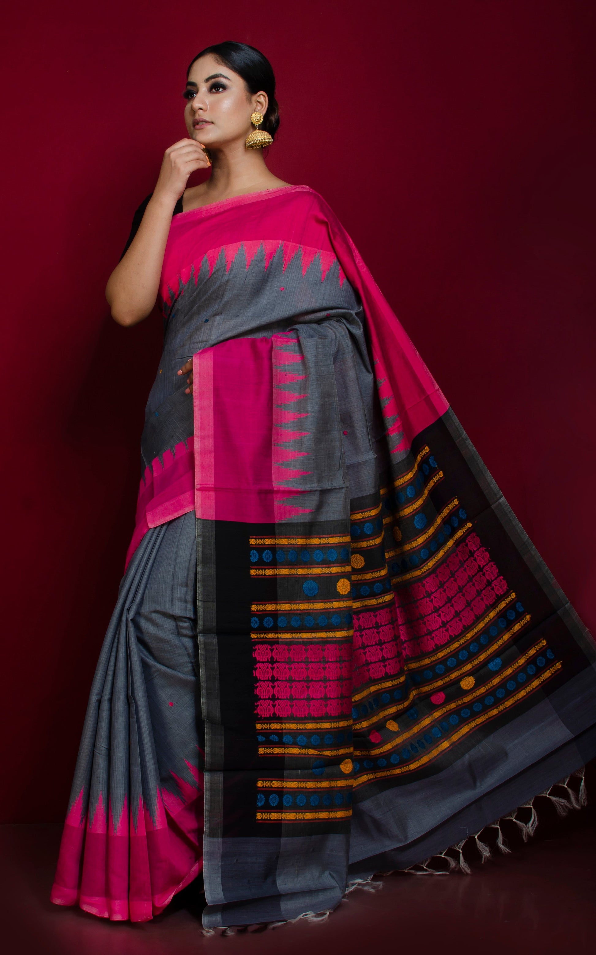 Dolabedi Tussar Silk Saree in Slate Grey, Hot Pink and Multicolored Thread Work