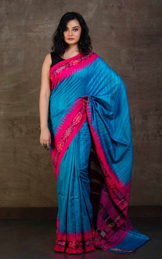 Tussar Sambalpuri Work Kotki Silk Saree in Egyptian Blue and Hot Pink