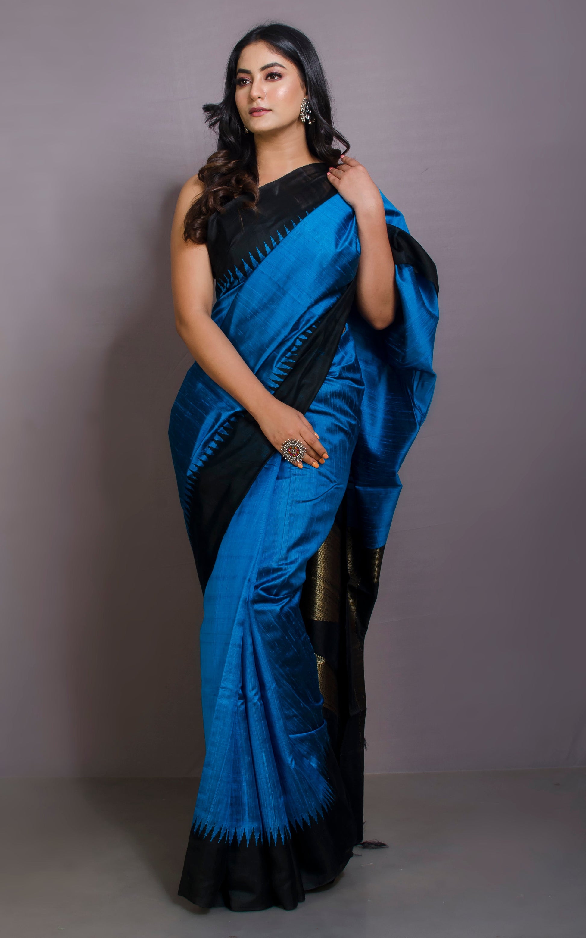 Handwoven Tussar Raw Silk Saree in Sapphire Blue and Black with Rich Pallu