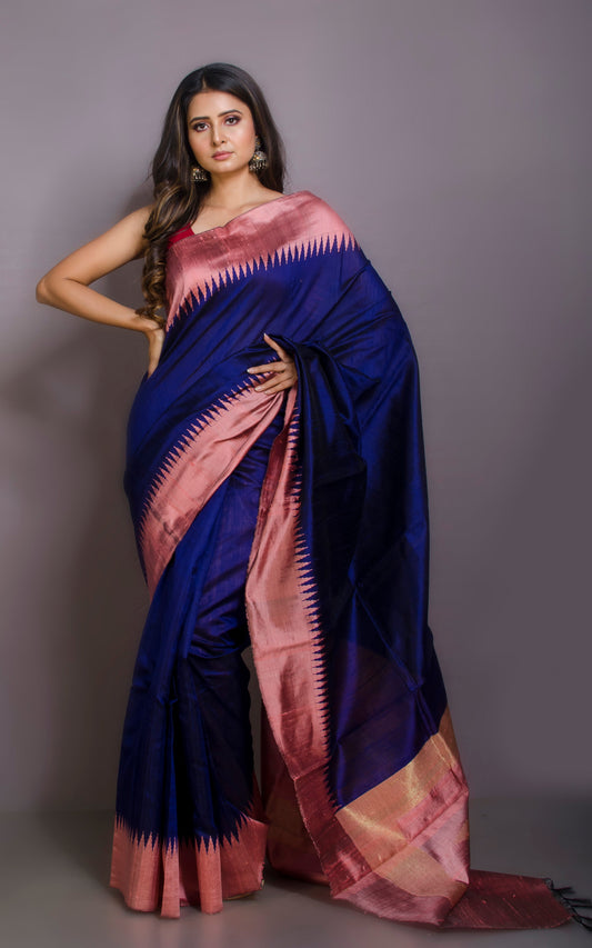 Handwoven Tussar Raw Silk Saree in Midnight Blue and Mauvelous Pink with Rich Pallu