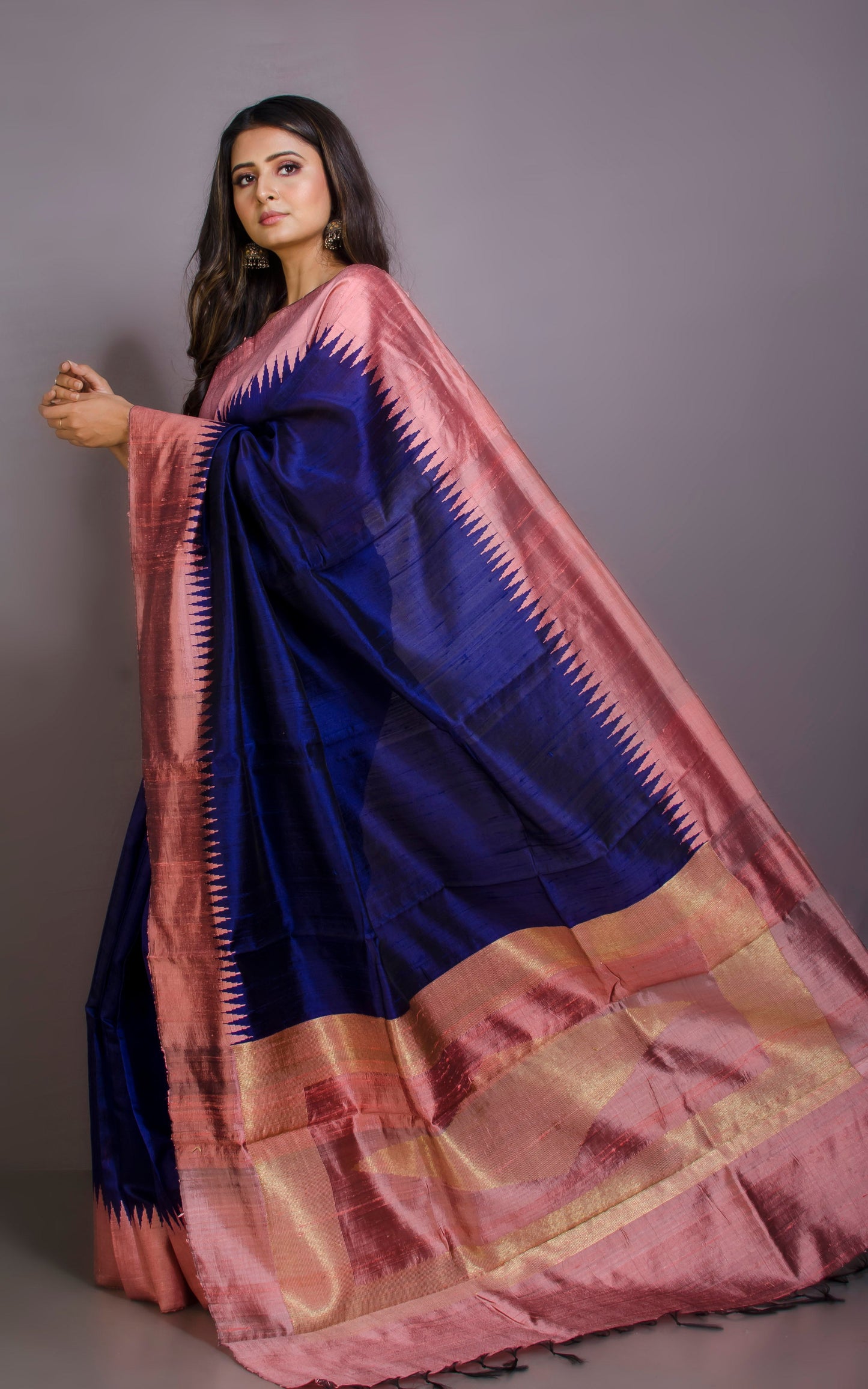 Handwoven Tussar Raw Silk Saree in Midnight Blue and Mauvelous Pink with Rich Pallu