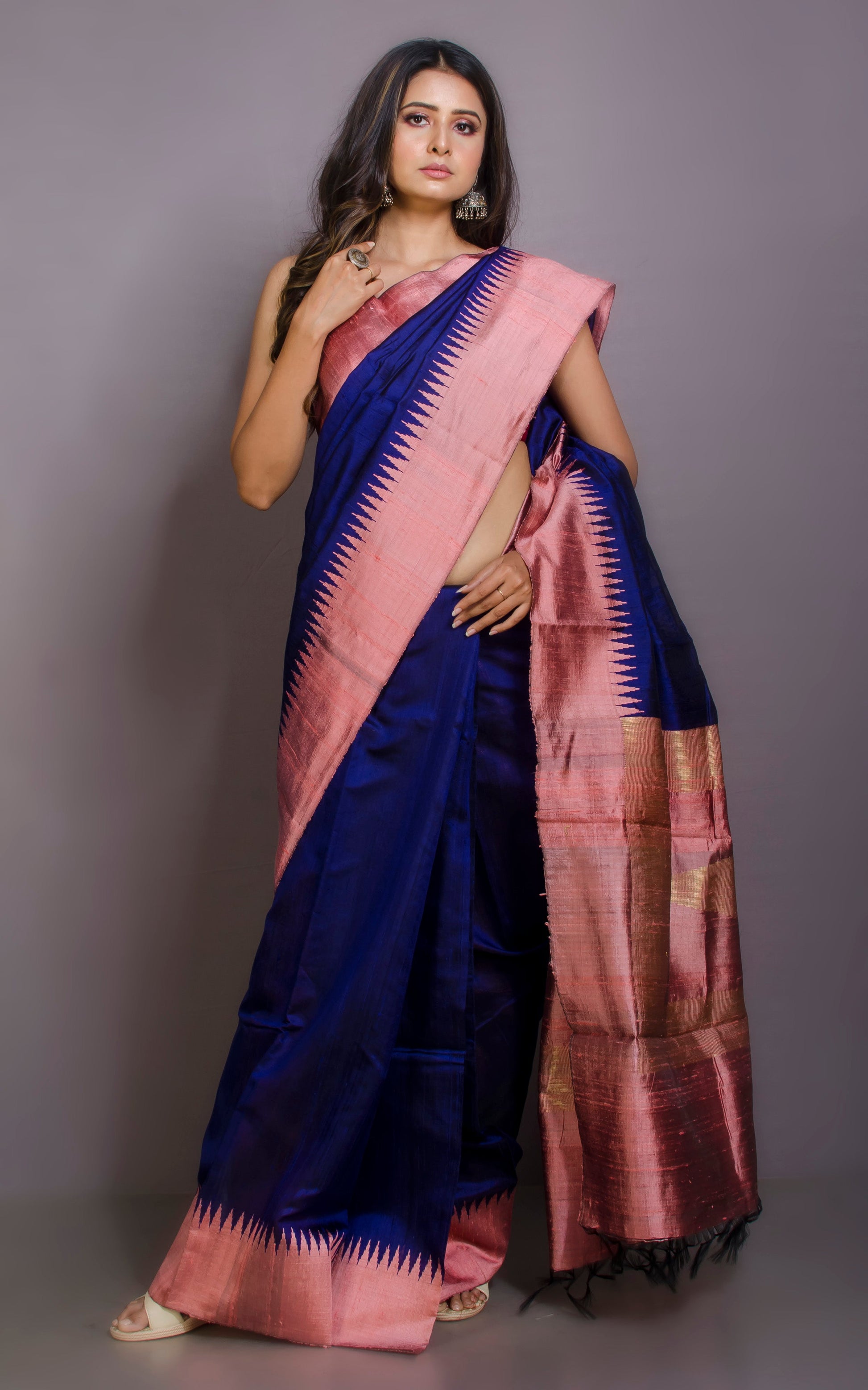 Handwoven Tussar Raw Silk Saree in Midnight Blue and Mauvelous Pink with Rich Pallu