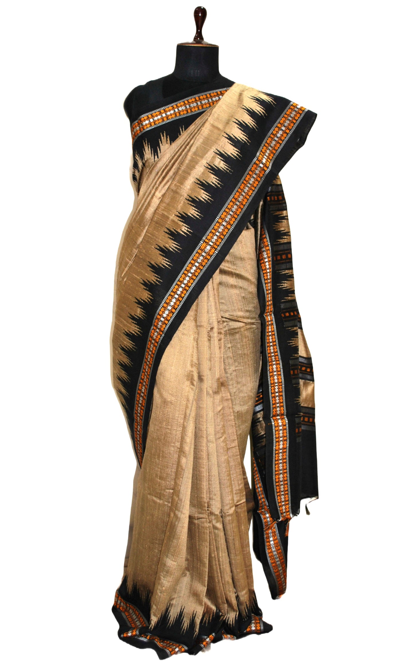 Vidarbha Tussar Raw Silk Saree in Wheat, Black, Off White and Orange