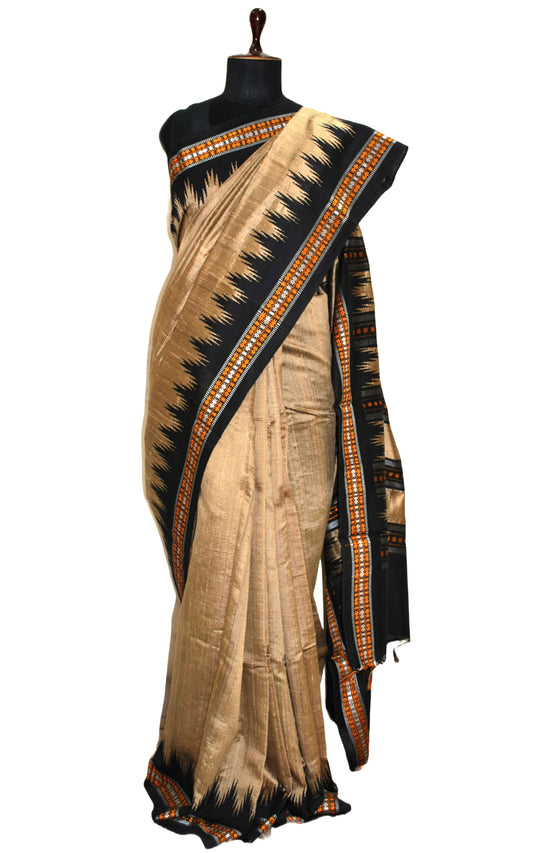 Vidarbha Tussar Raw Silk Saree in Wheat, Black, Off White and Orange