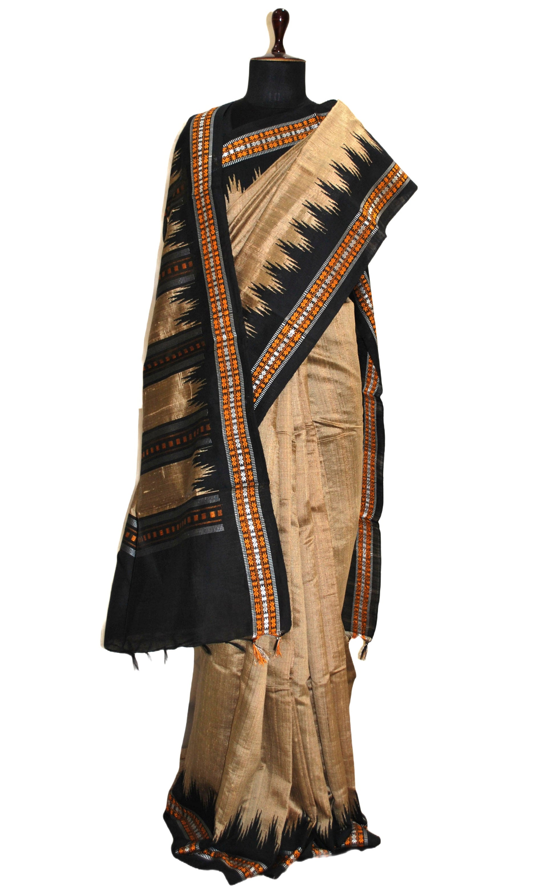 Vidarbha Tussar Raw Silk Saree in Wheat, Black, Off White and Orange