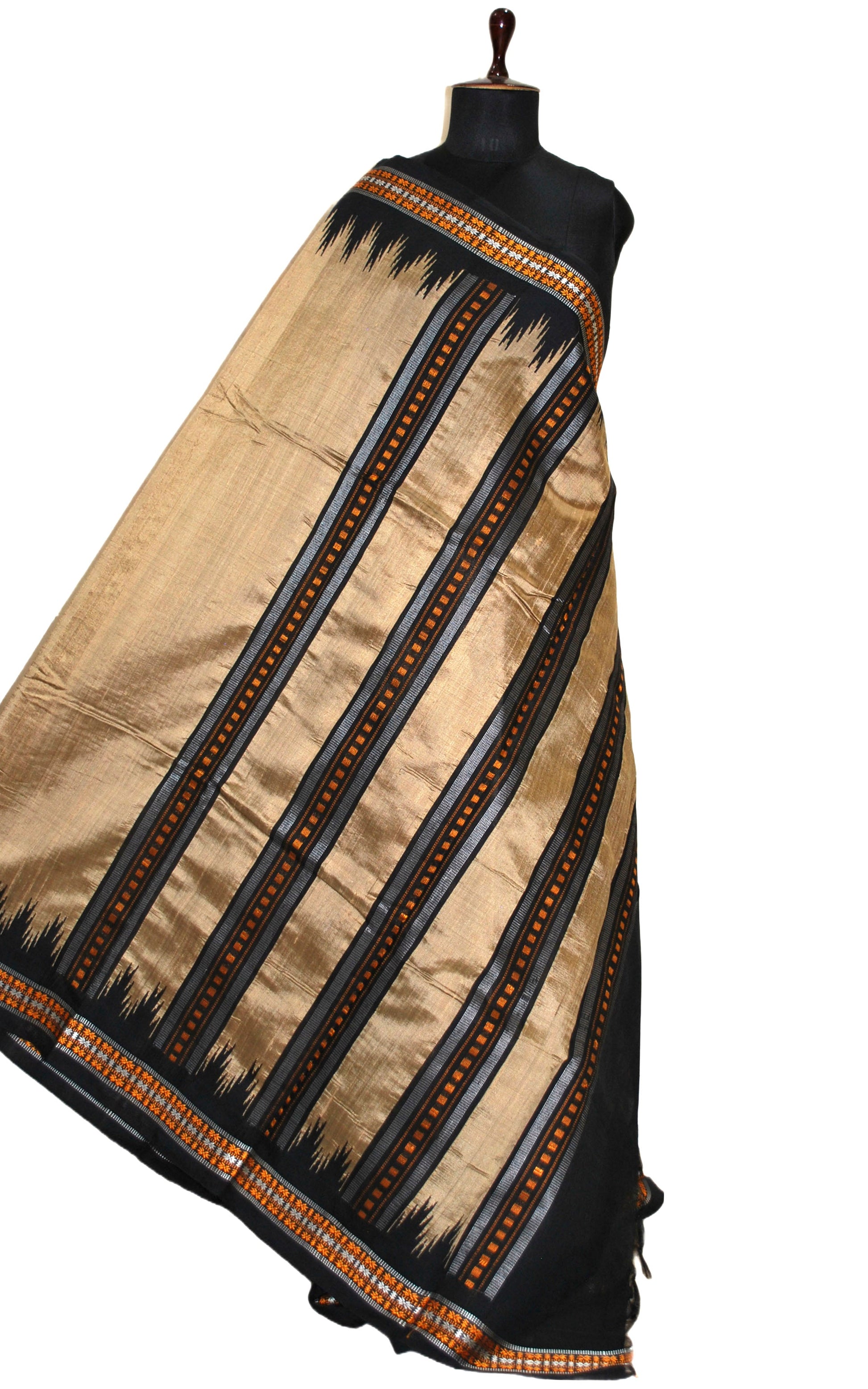 Vidarbha Tussar Raw Silk Saree in Wheat, Black, Off White and Orange