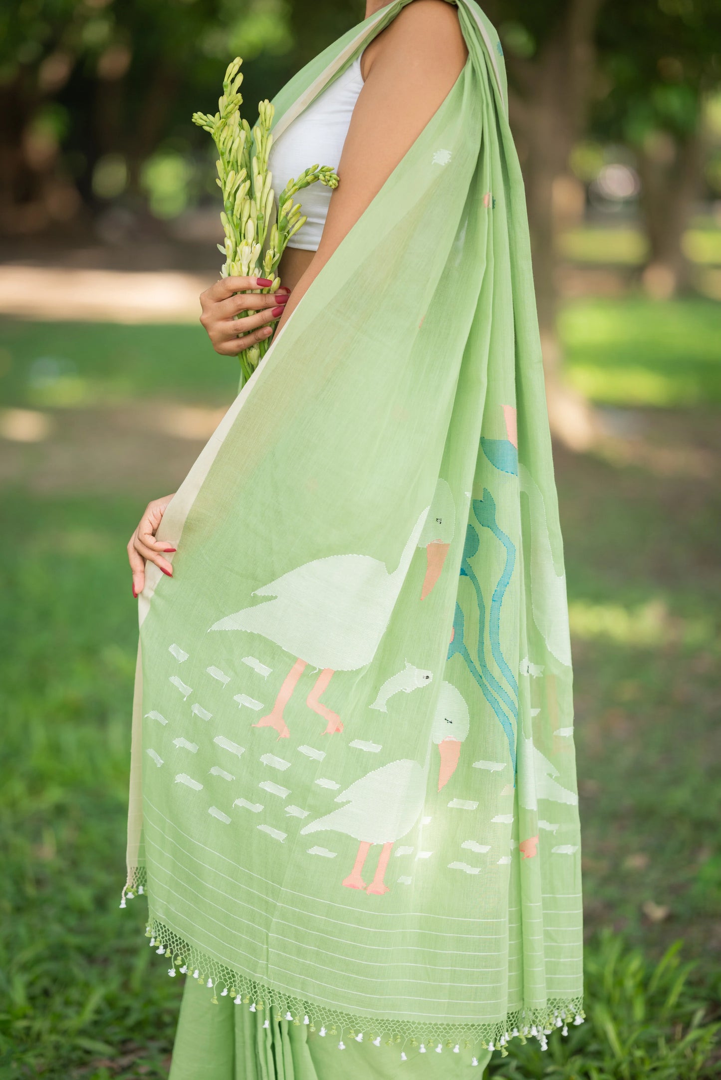 Handloom Pastel Green Soft Cotton Jamdani Saree