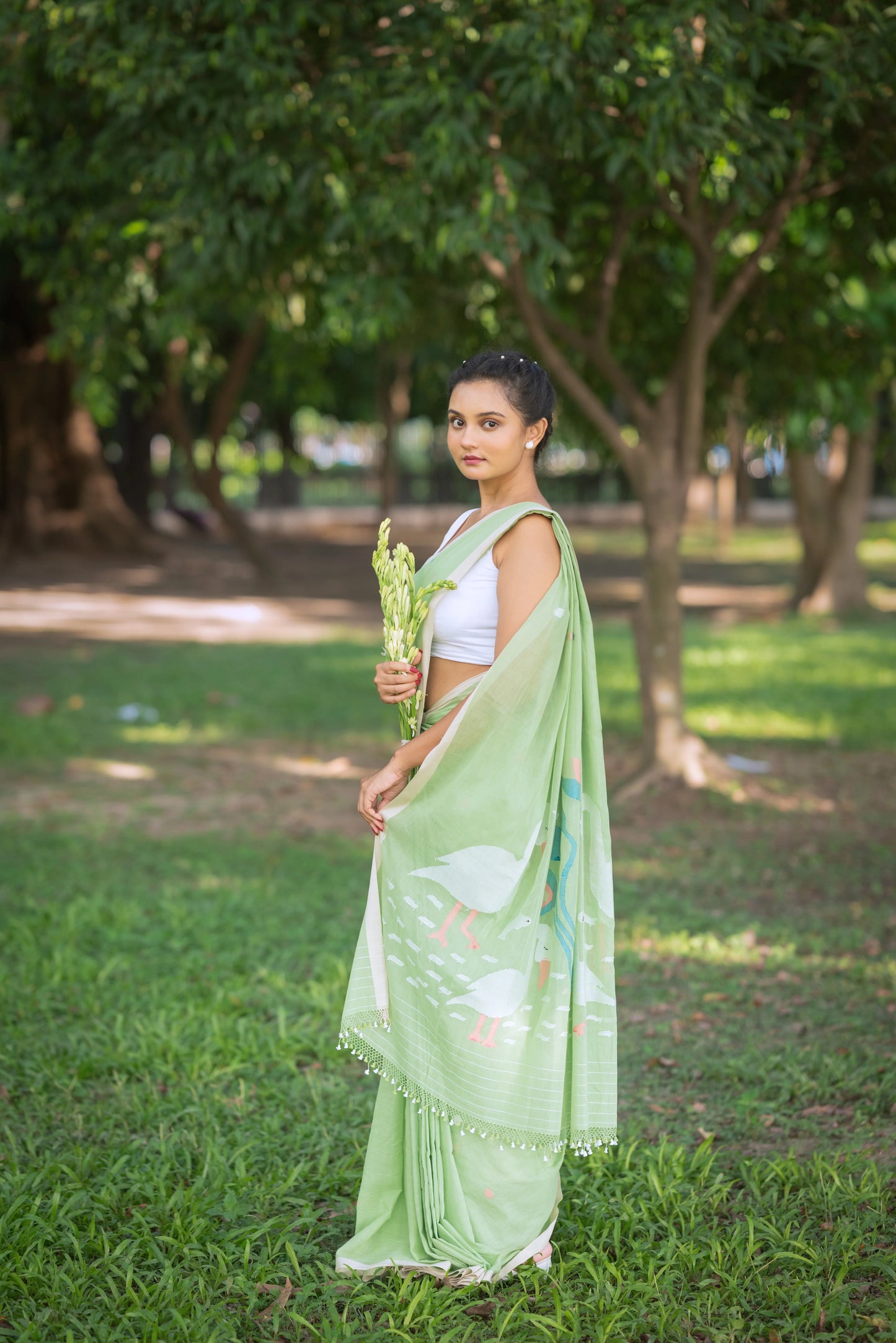 Handloom Pastel Green Soft Cotton Jamdani Saree