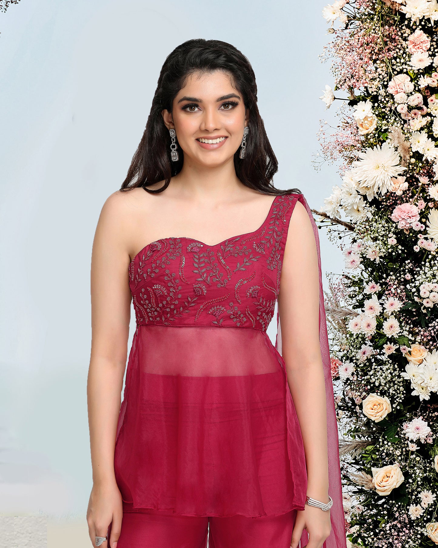 Peony Offshoulder Sharara Set- Wine