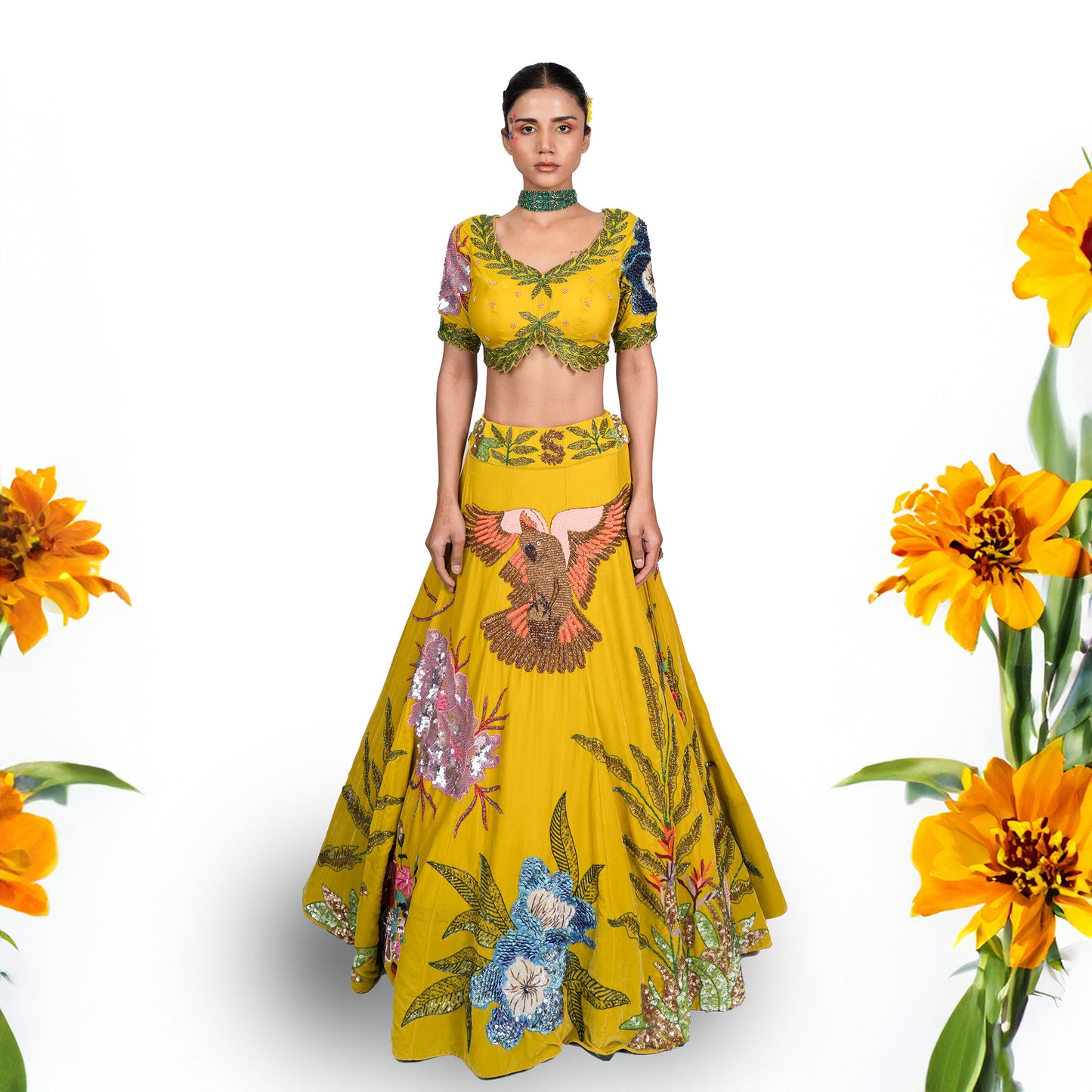 Yellow Hand Embroidered Designer Flying Soul Bridal Lehenga