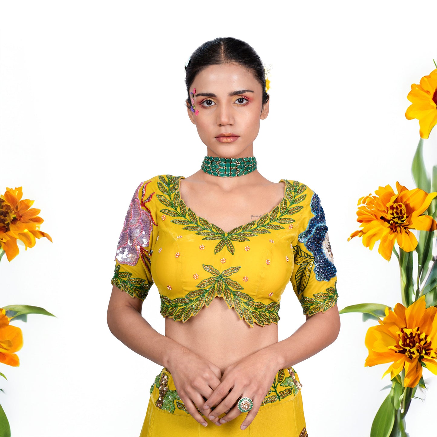 Yellow Hand Embroidered Designer Flying Soul Bridal Lehenga