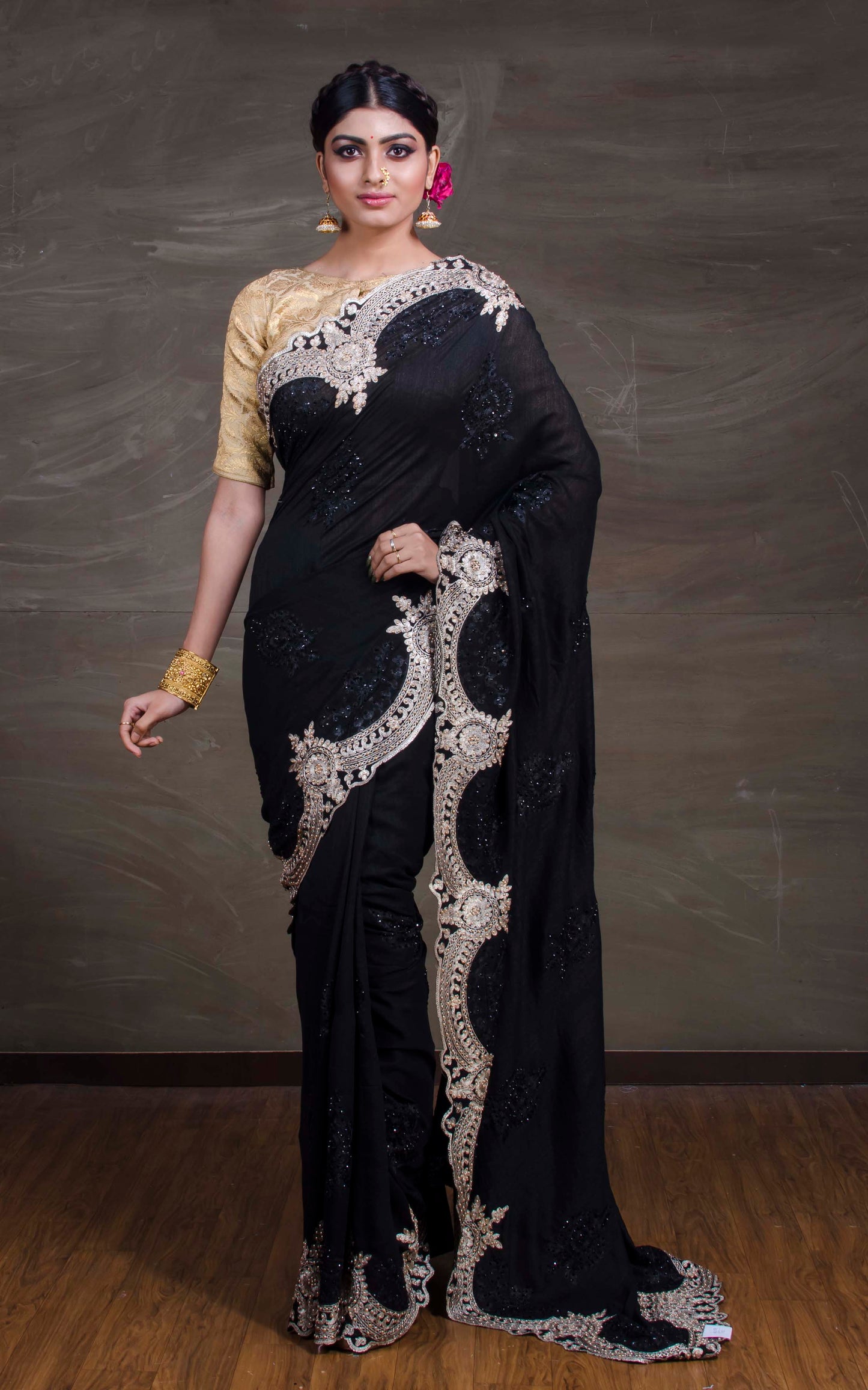 Designer Zardozi Necklace Border Work Georgette Saree in Black