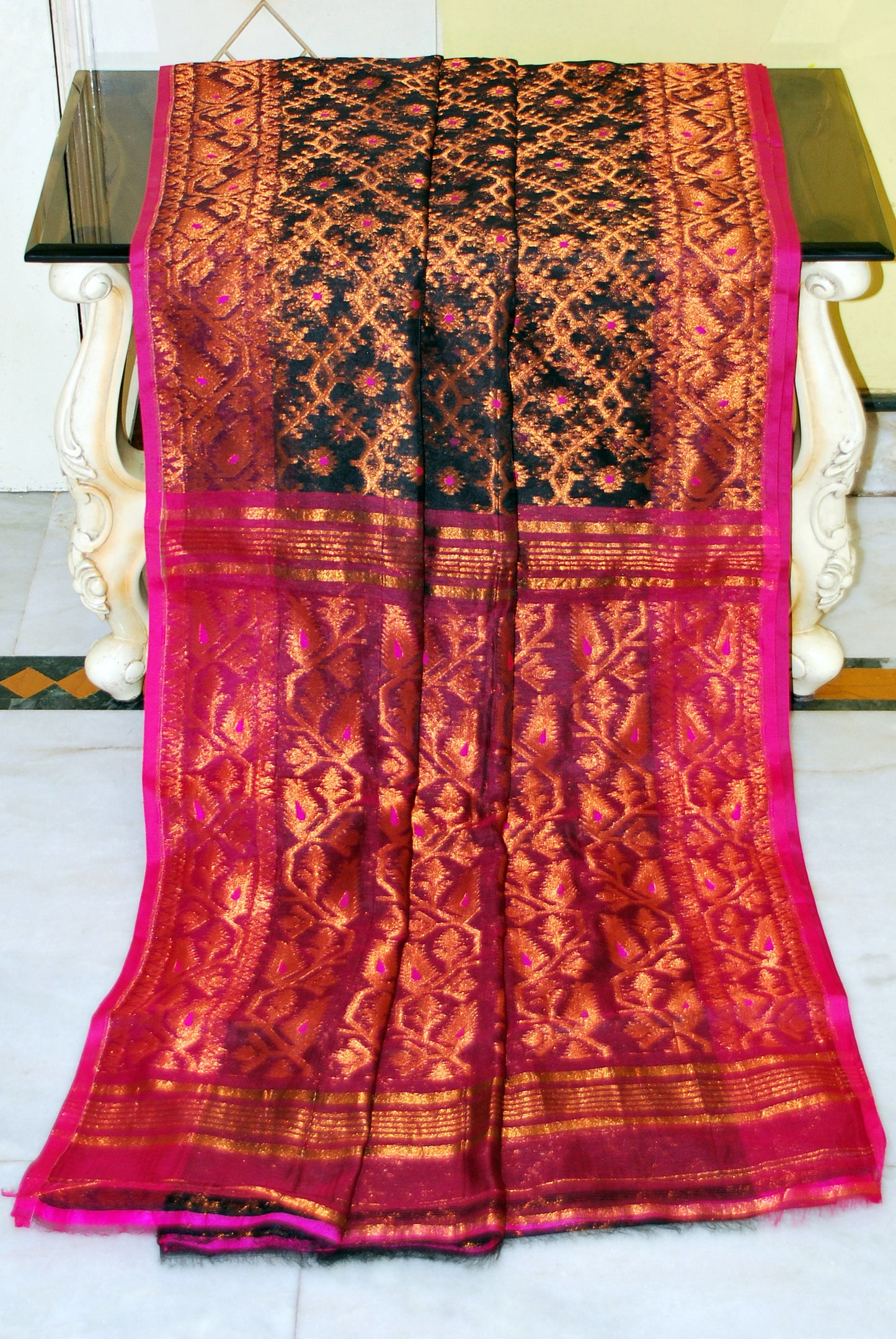 Soft Zari Brocade Dhakai Jamdani Saree in Black, Hot Pink and Copper