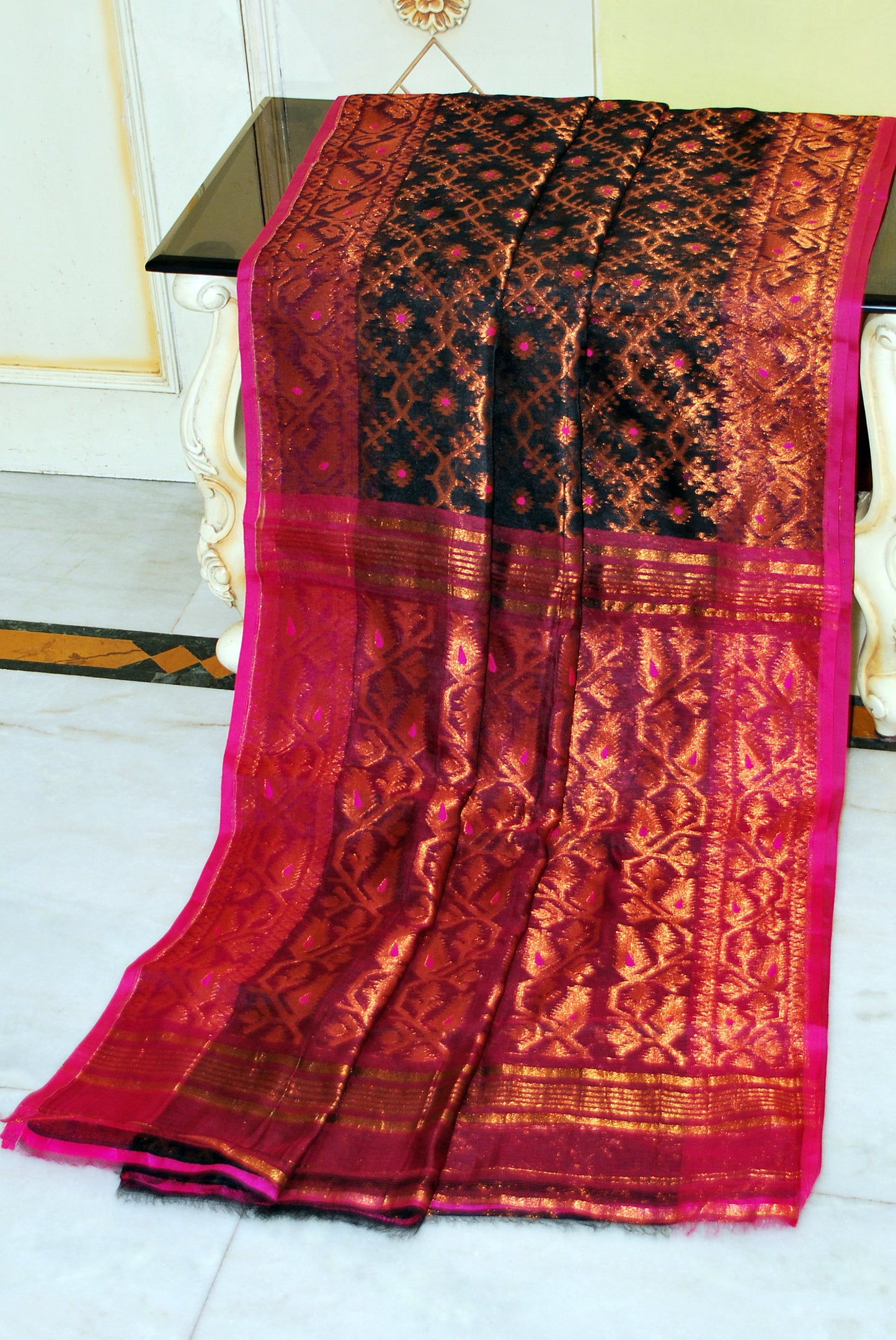 Soft Zari Brocade Dhakai Jamdani Saree in Black, Hot Pink and Copper