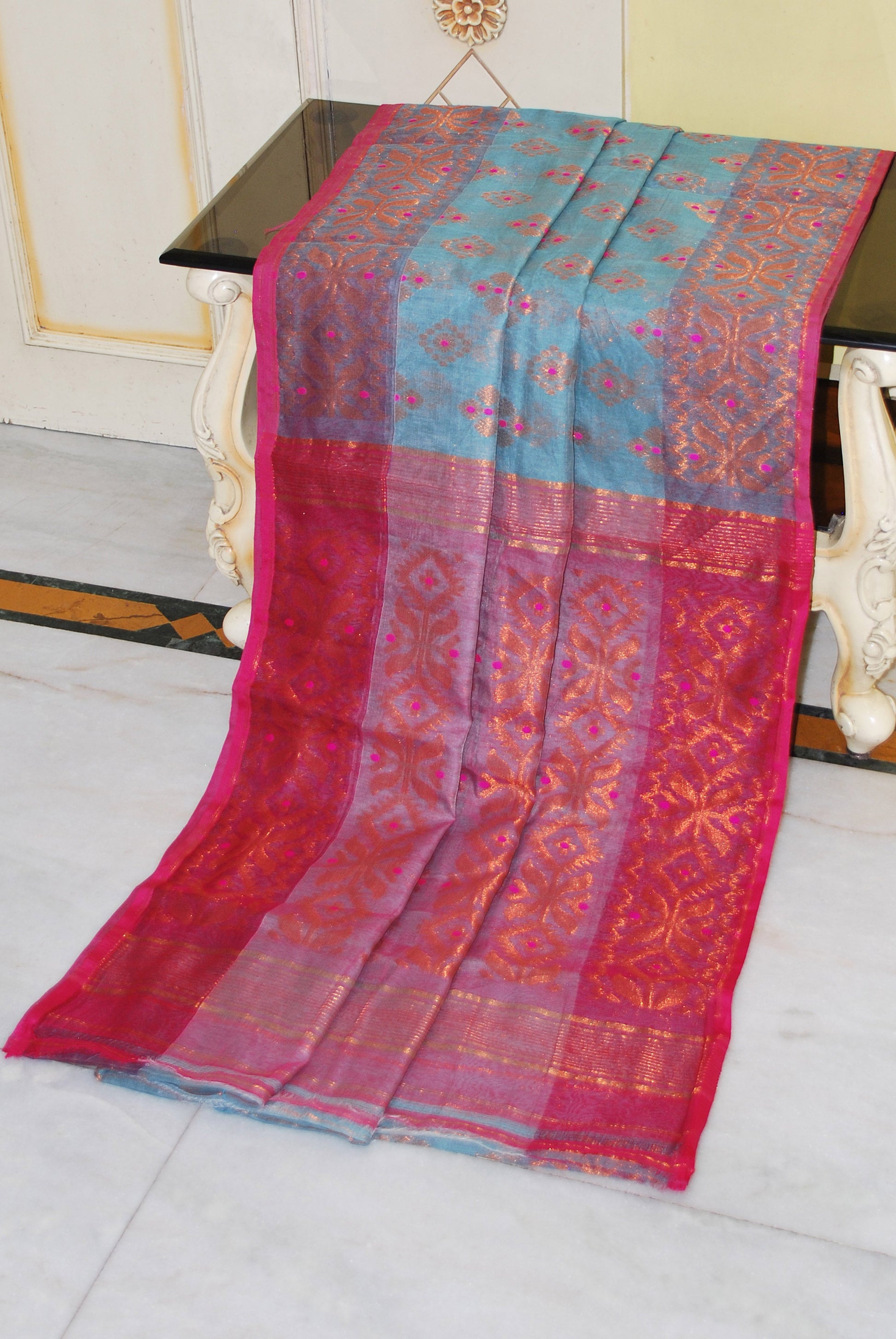 Soft Zari Brocade Dhakai Jamdani Saree in Light Grey, Hot Pink and Copper