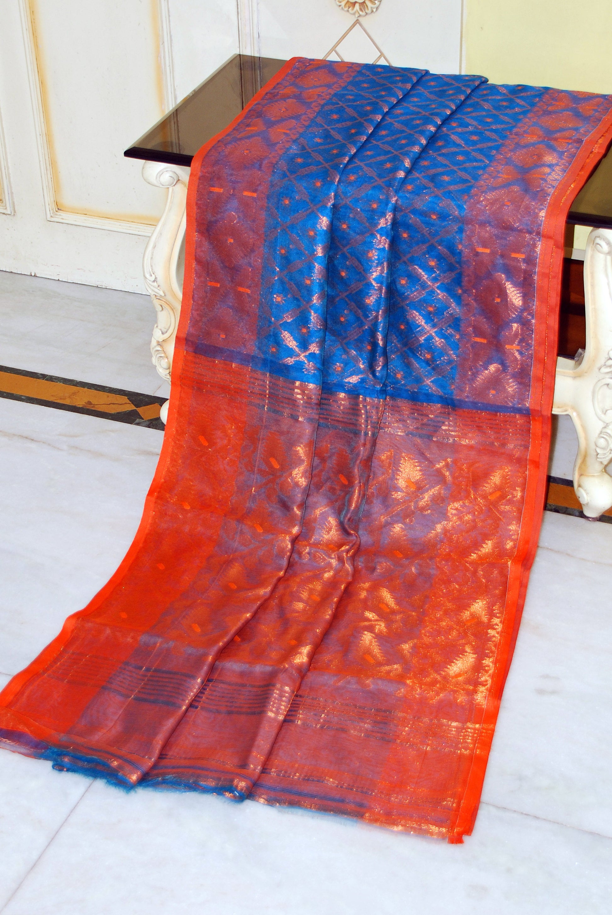 Soft Zari Brocade Dhakai Jamdani Saree in Egyptian Blue, Orange and Copper