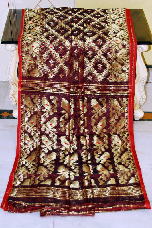 Soft Zari Brocade Dhakai Jamdani Saree in Maroon, Red and Golden