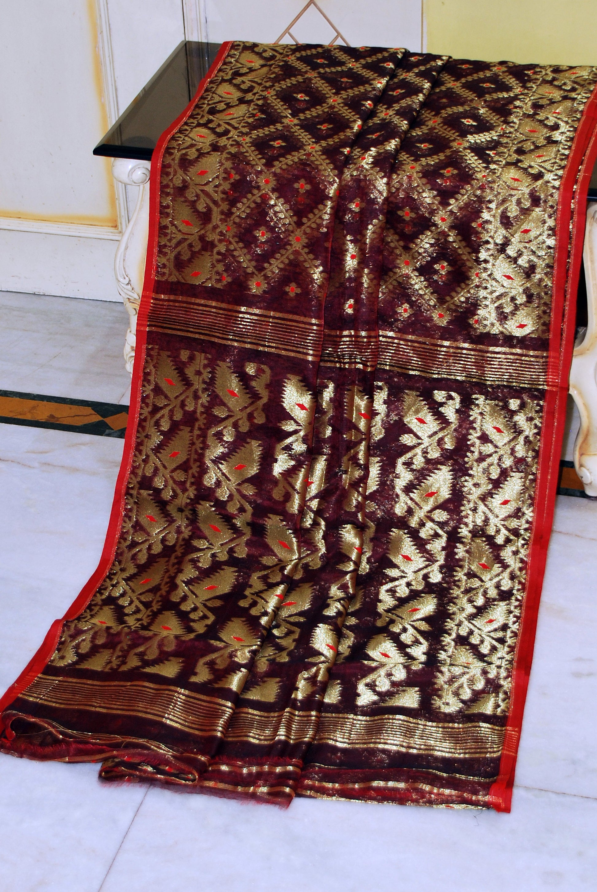 Soft Zari Brocade Dhakai Jamdani Saree in Maroon, Red and Golden