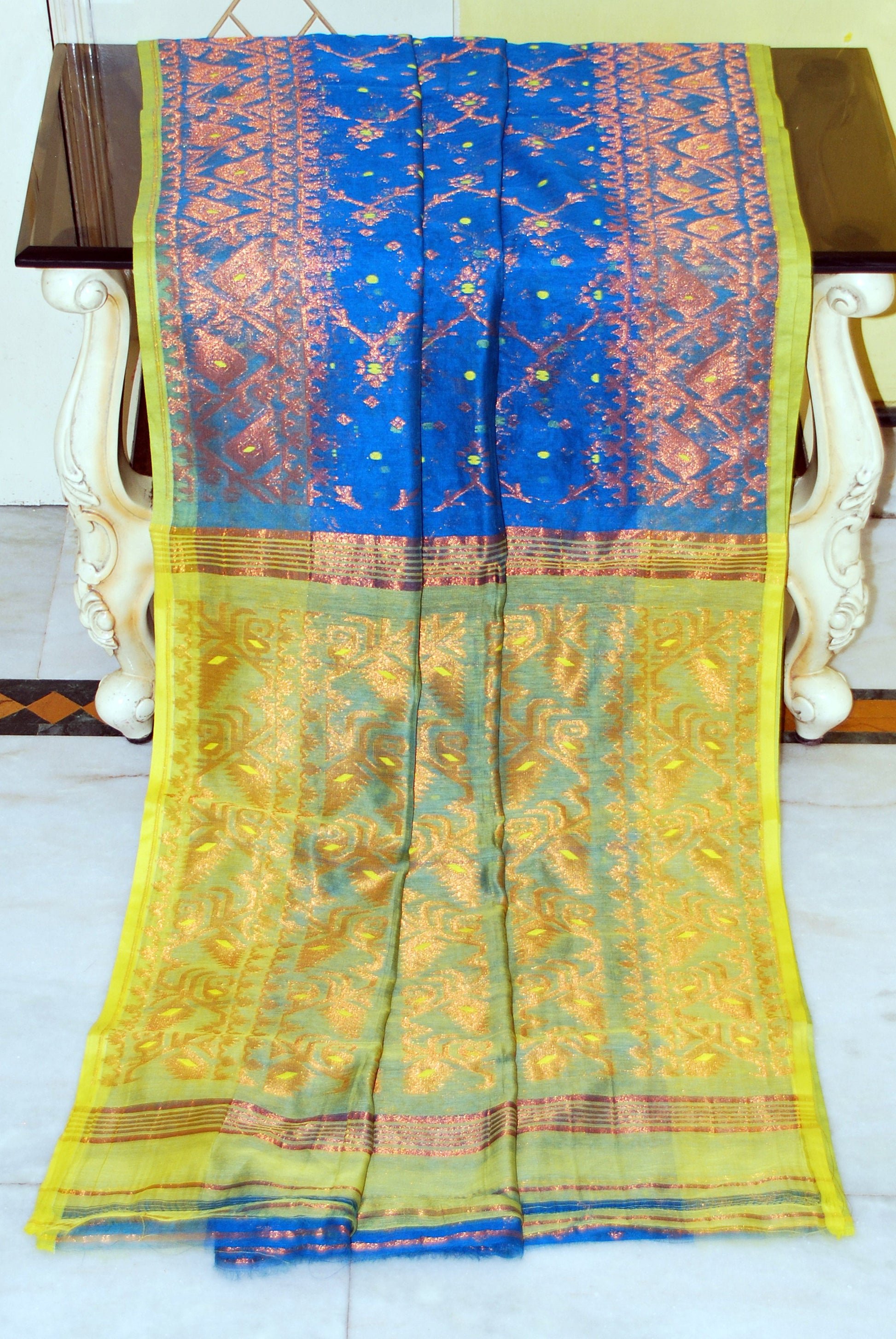 Soft Zari Brocade Dhakai Jamdani Saree in Cobalt Blue, Fluorescent Green and Copper