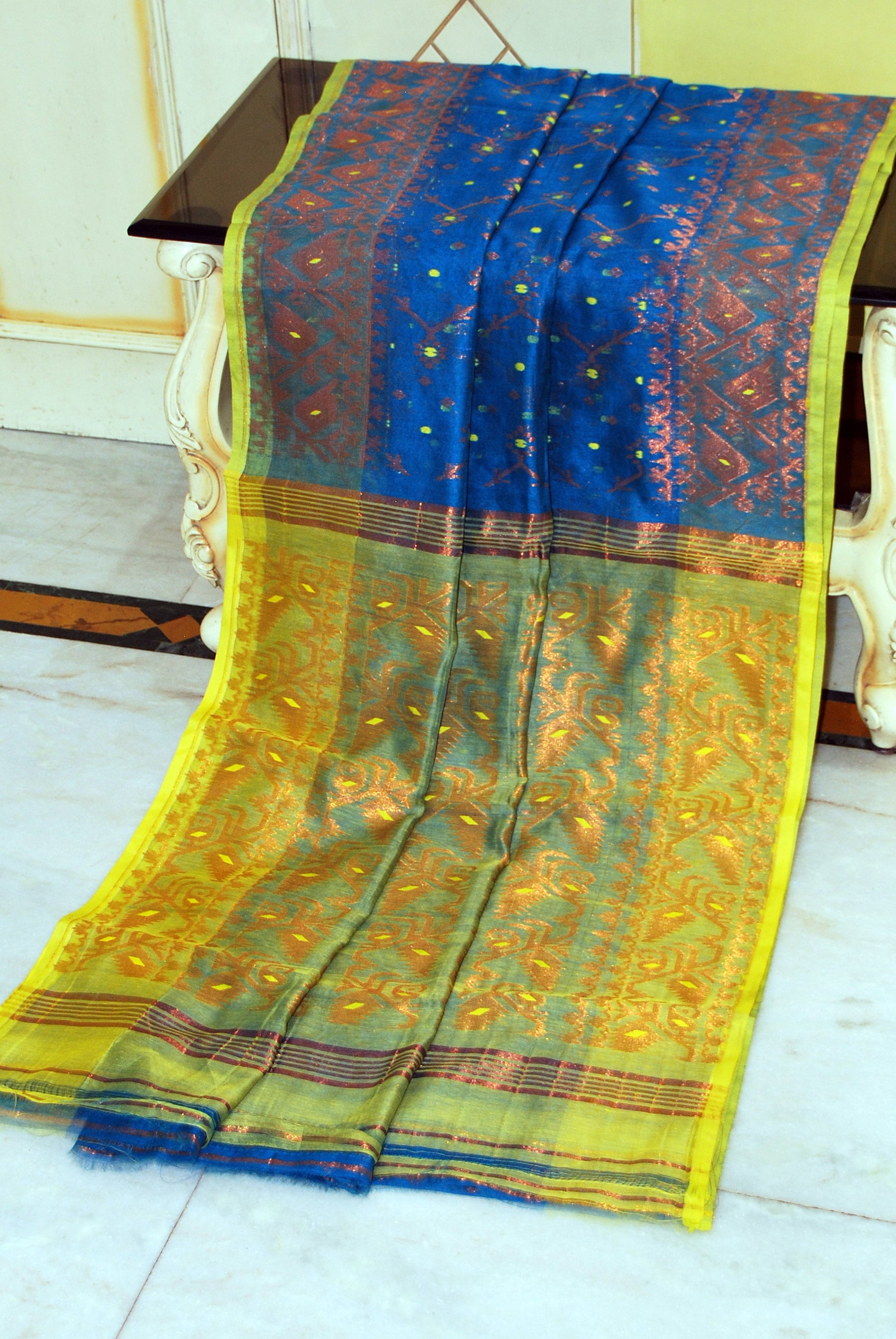 Soft Zari Brocade Dhakai Jamdani Saree in Cobalt Blue, Fluorescent Green and Copper