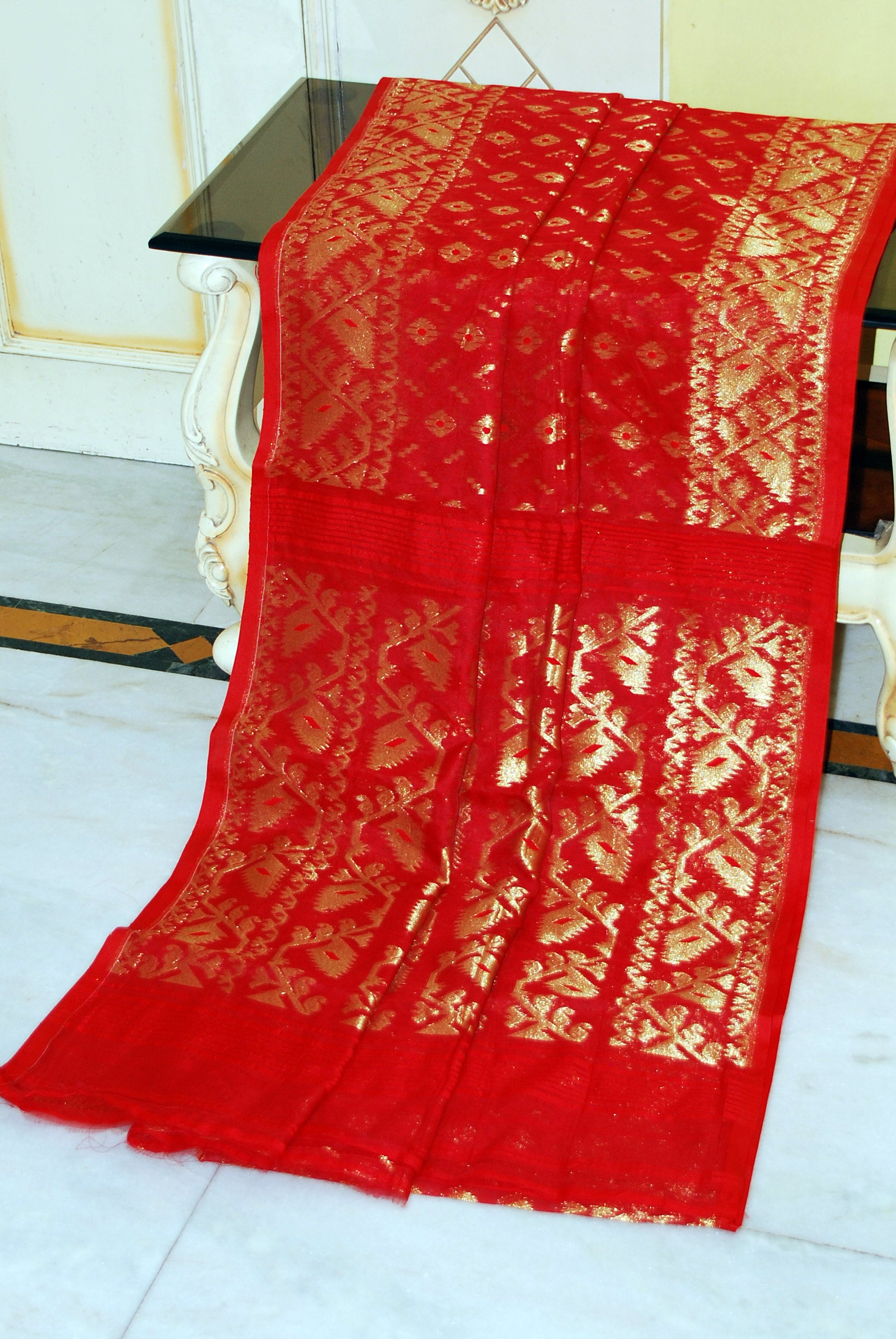 Soft Zari Brocade Dhakai Jamdani Saree in Red and Golden